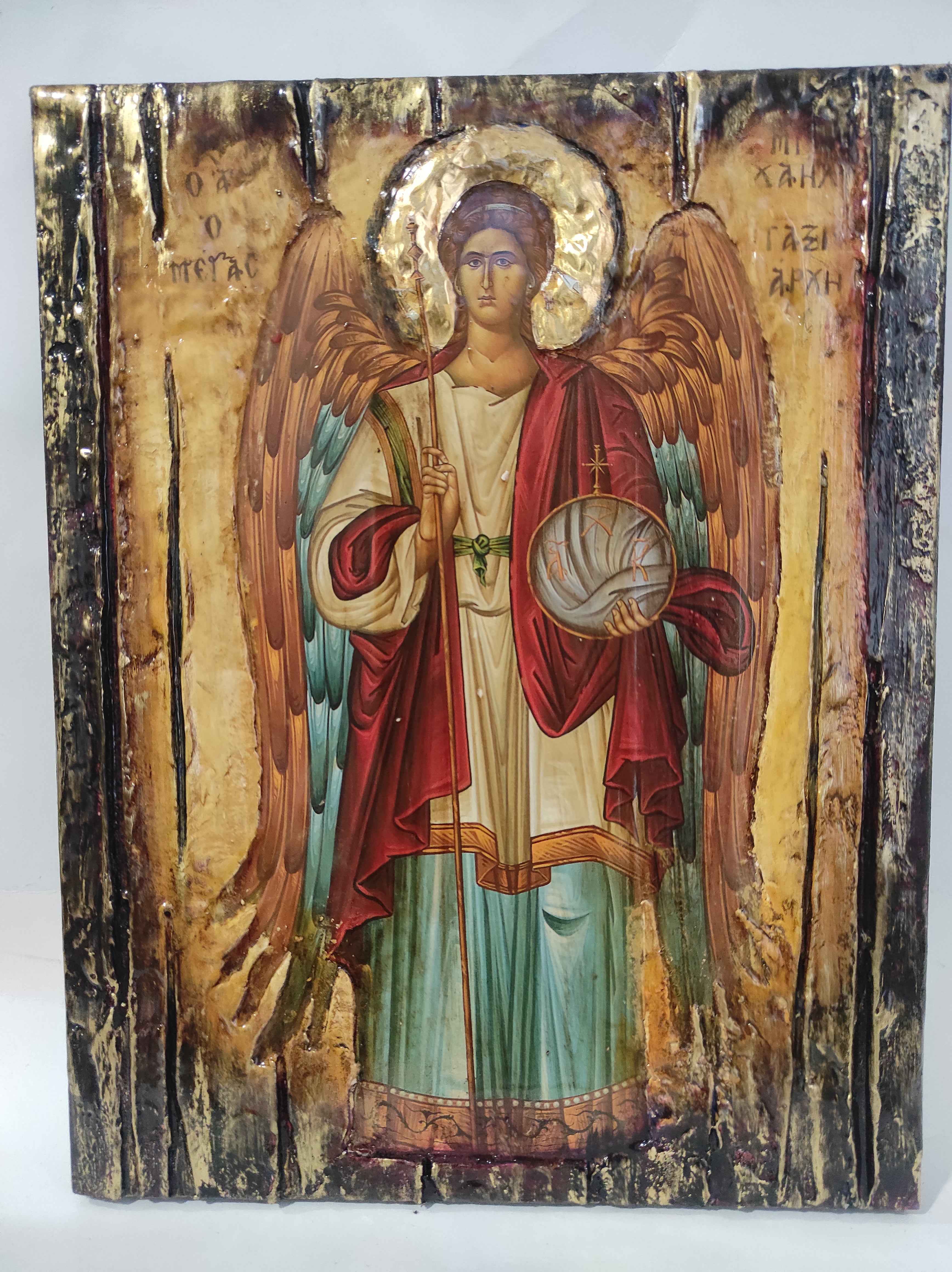 Archangel Michael Taxiarches Greek Christian Orthodox Byzantine Handmade Halo Icon