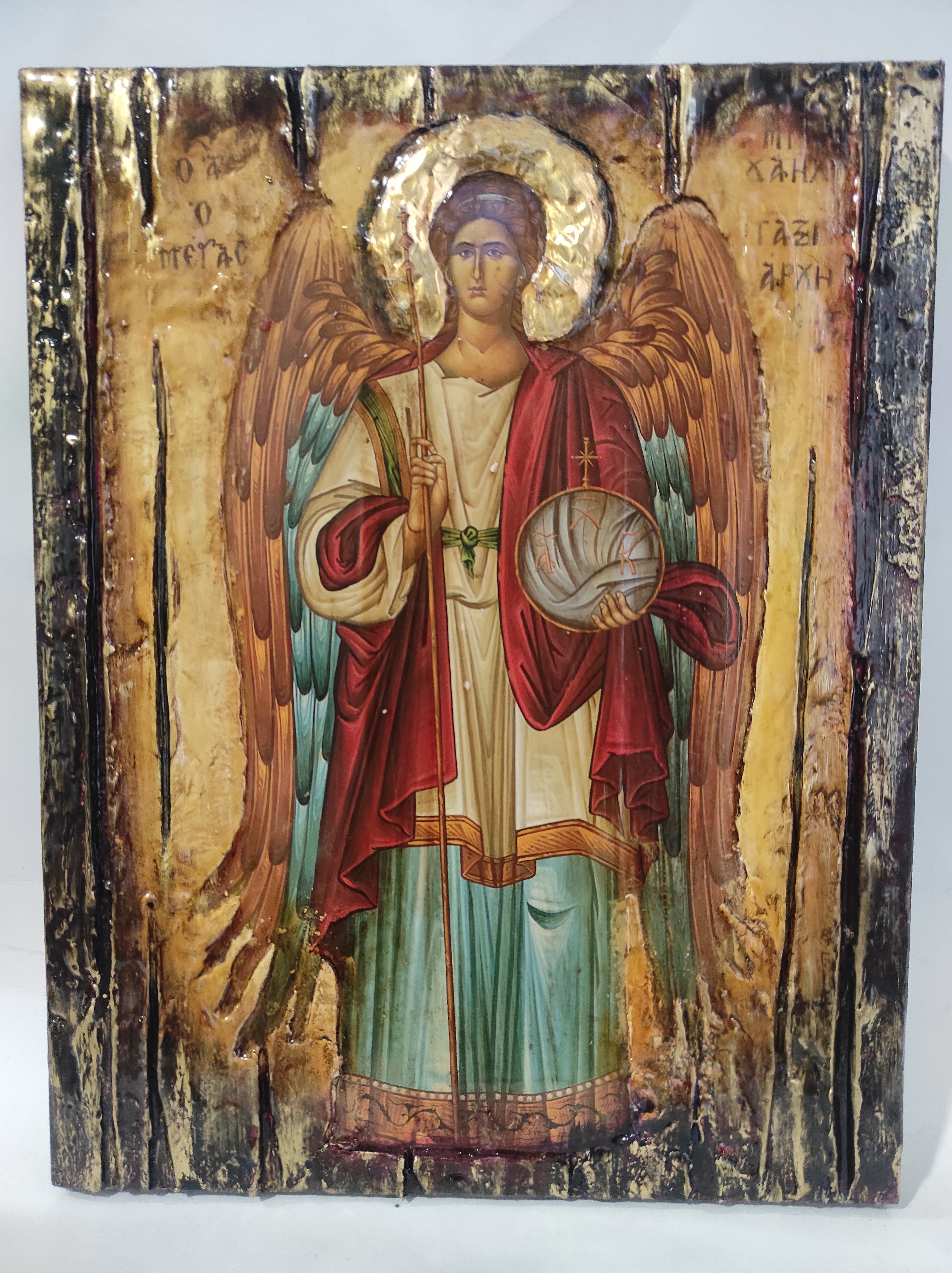 Archangel Michael Taxiarches Greek Christian Orthodox Byzantine Handmade Halo Icon
