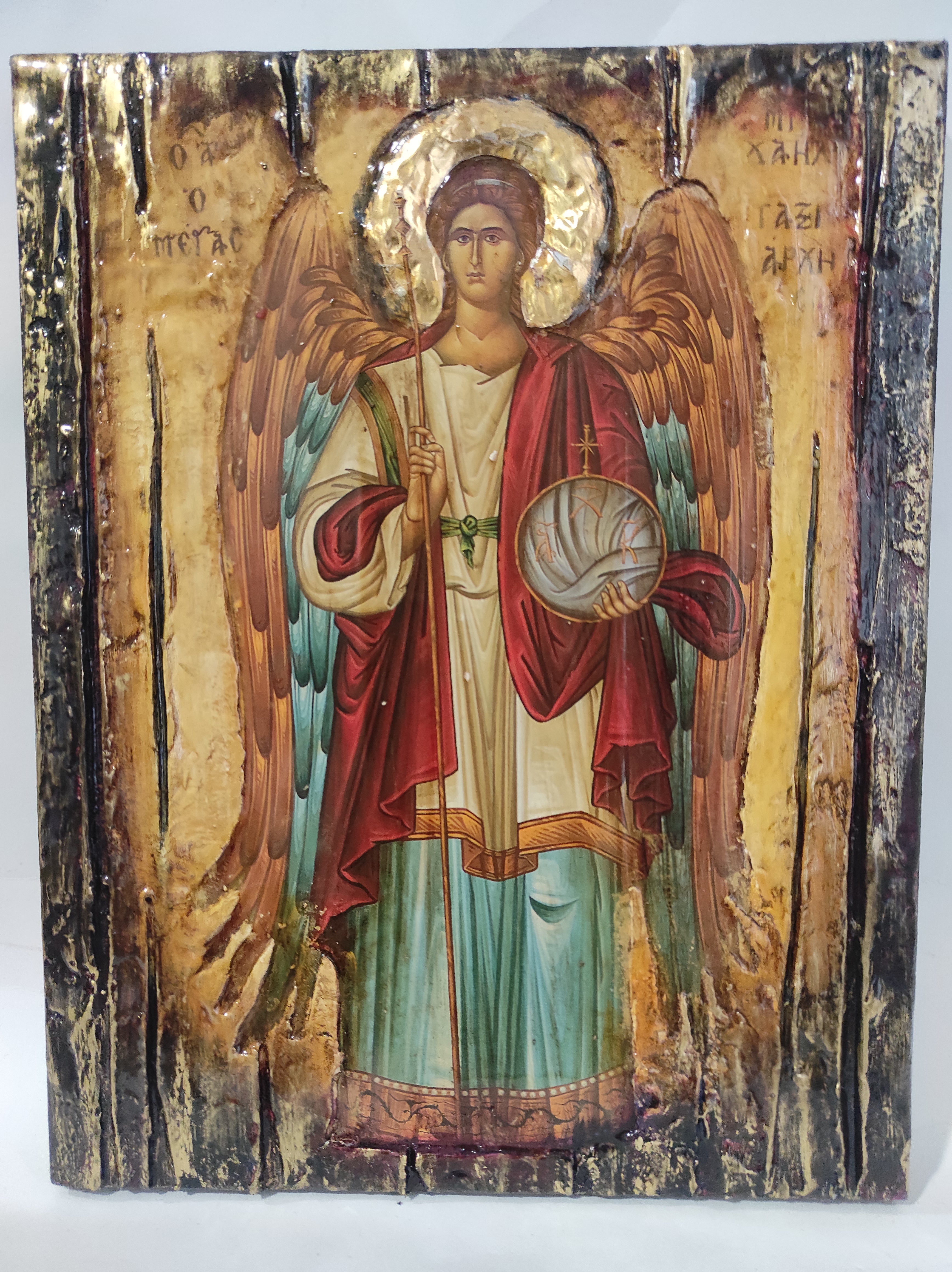 Archangel Michael Taxiarches Greek Christian Orthodox Byzantine Handmade Halo Icon