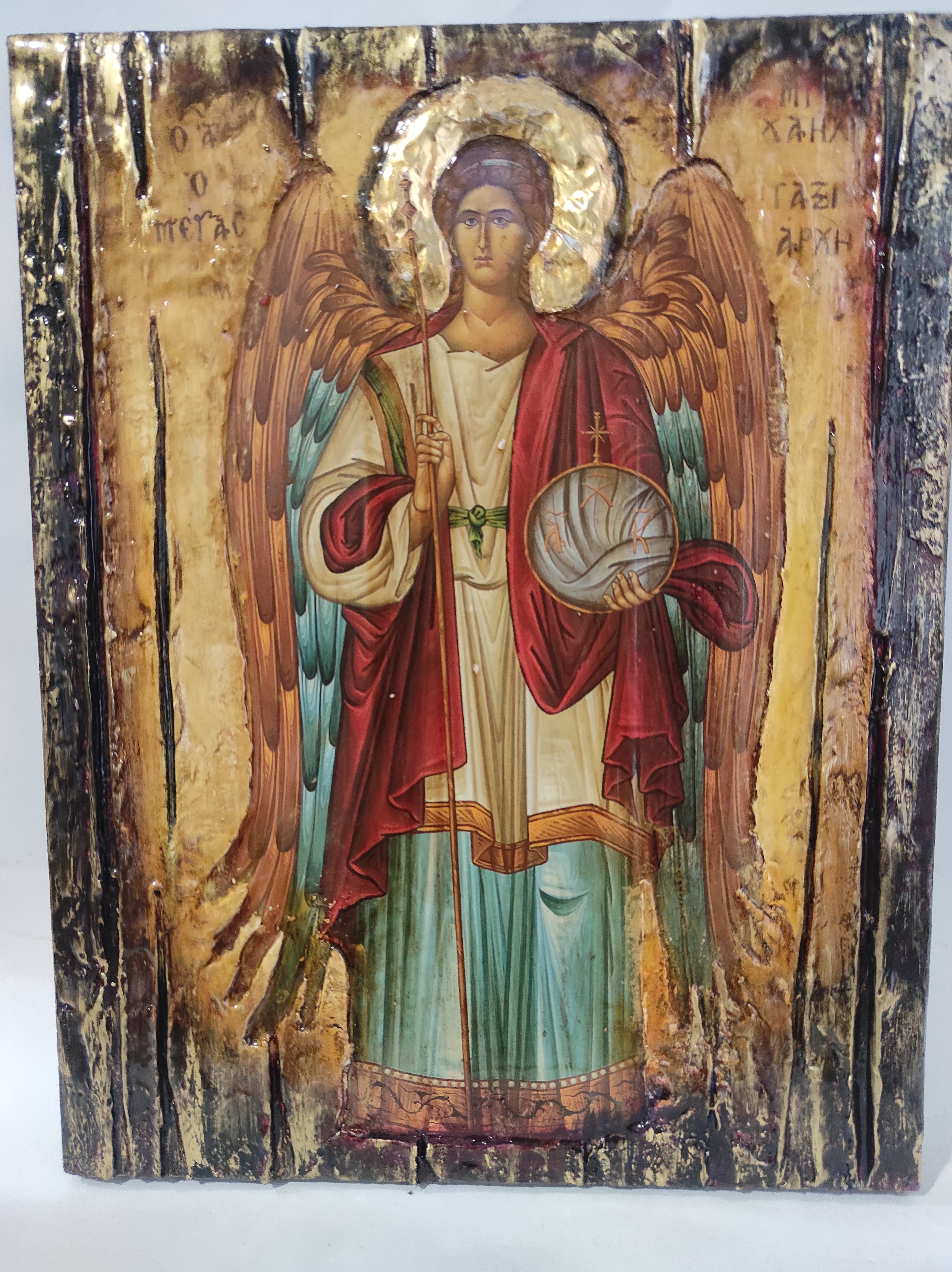Archangel Michael Taxiarches Greek Christian Orthodox Byzantine Handmade Halo Icon
