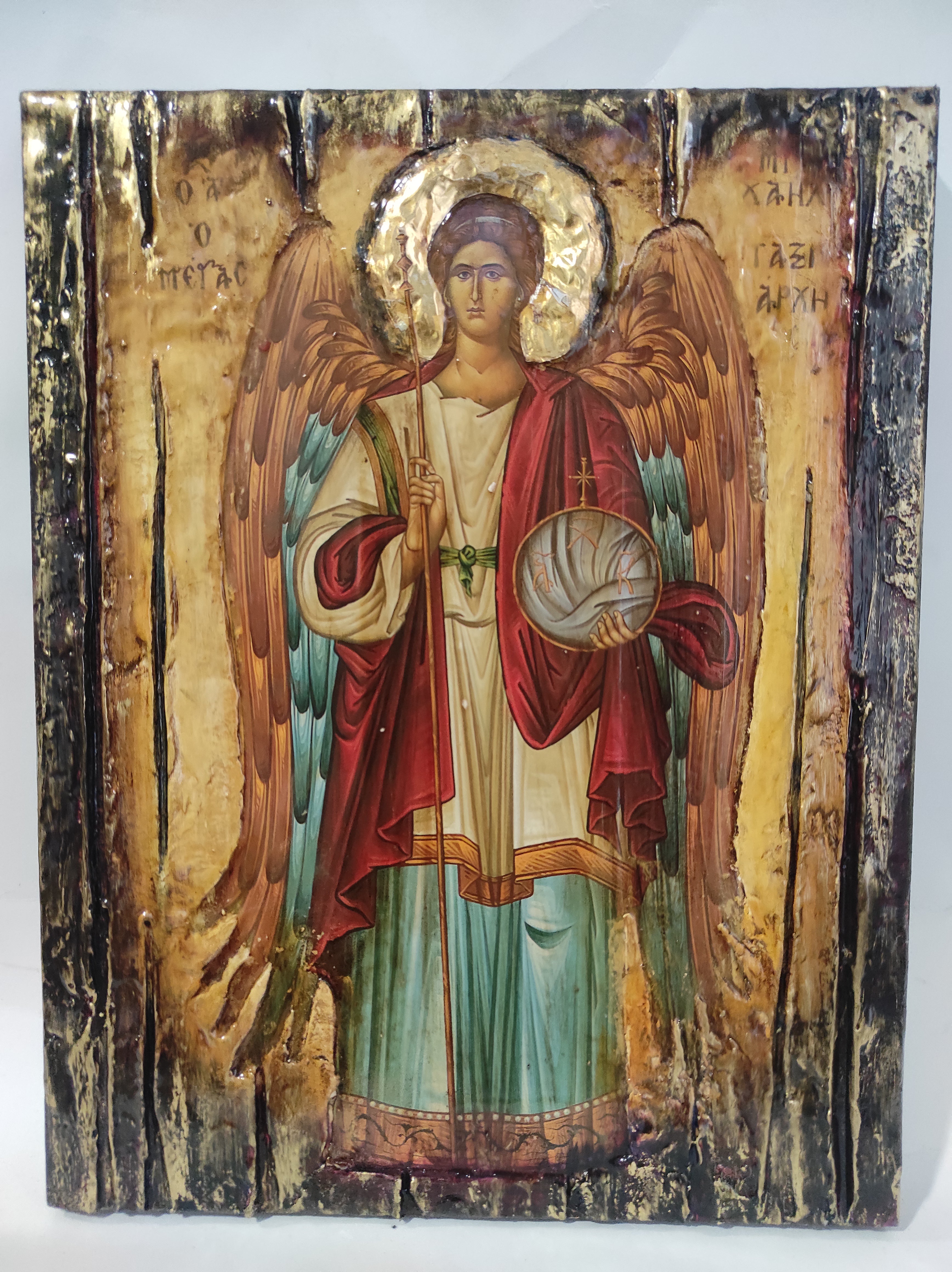 Archangel Michael Taxiarches Greek Christian Orthodox Byzantine Handmade Halo Icon
