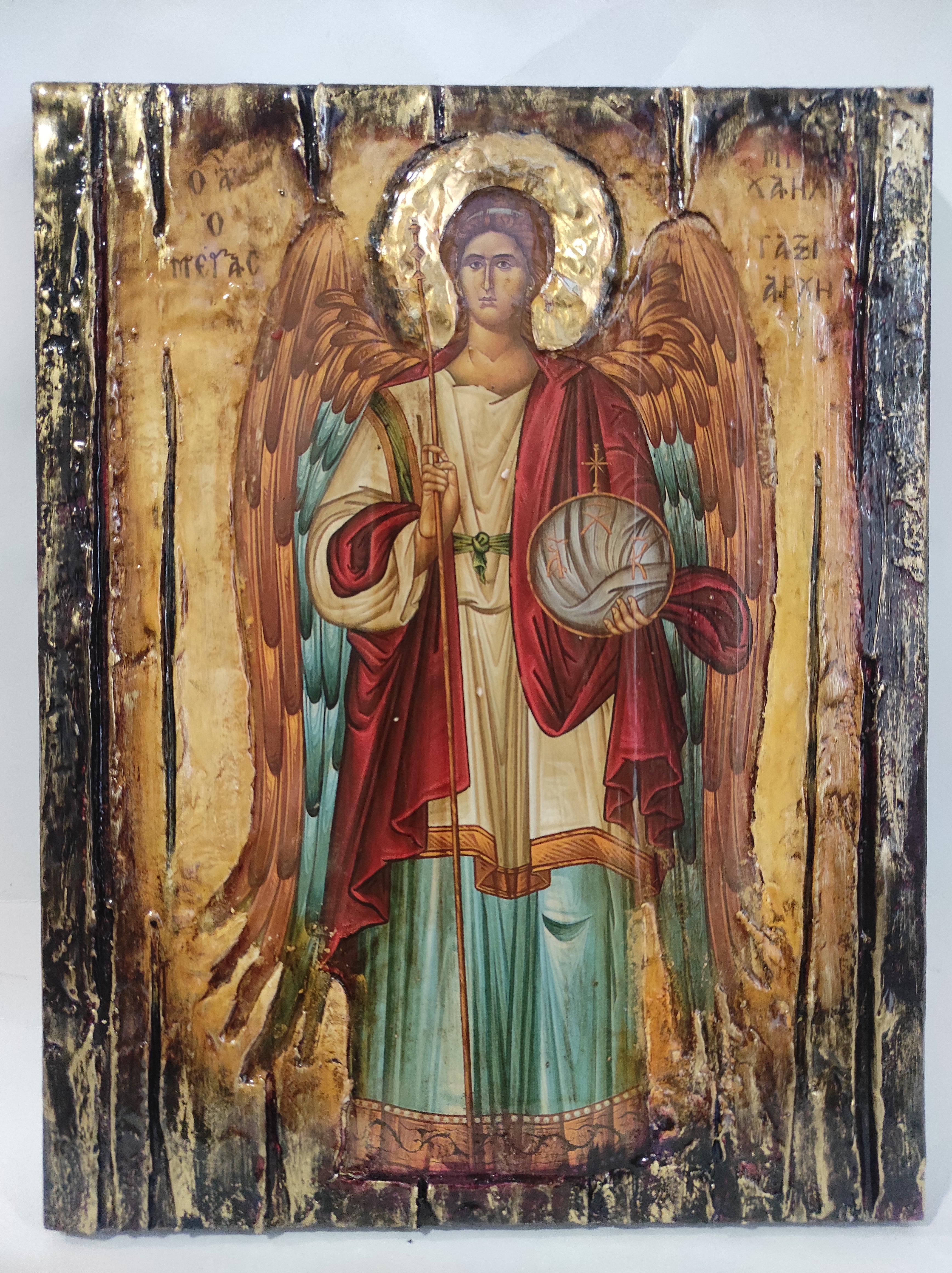 Archangel Michael Taxiarches Greek Christian Orthodox Byzantine Handmade Halo Icon