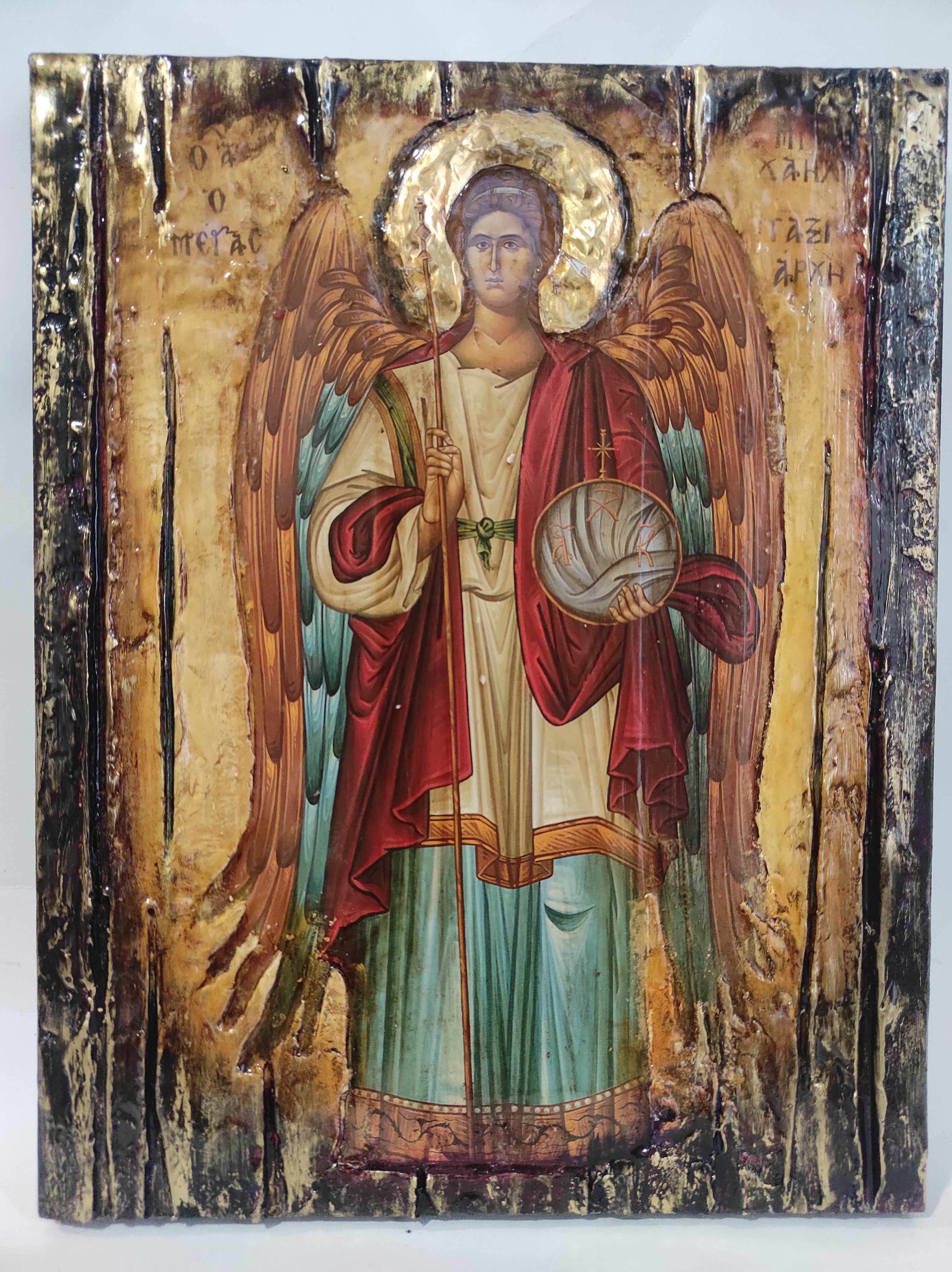 Archangel Michael Taxiarches Greek Christian Orthodox Byzantine Handmade Halo Icon