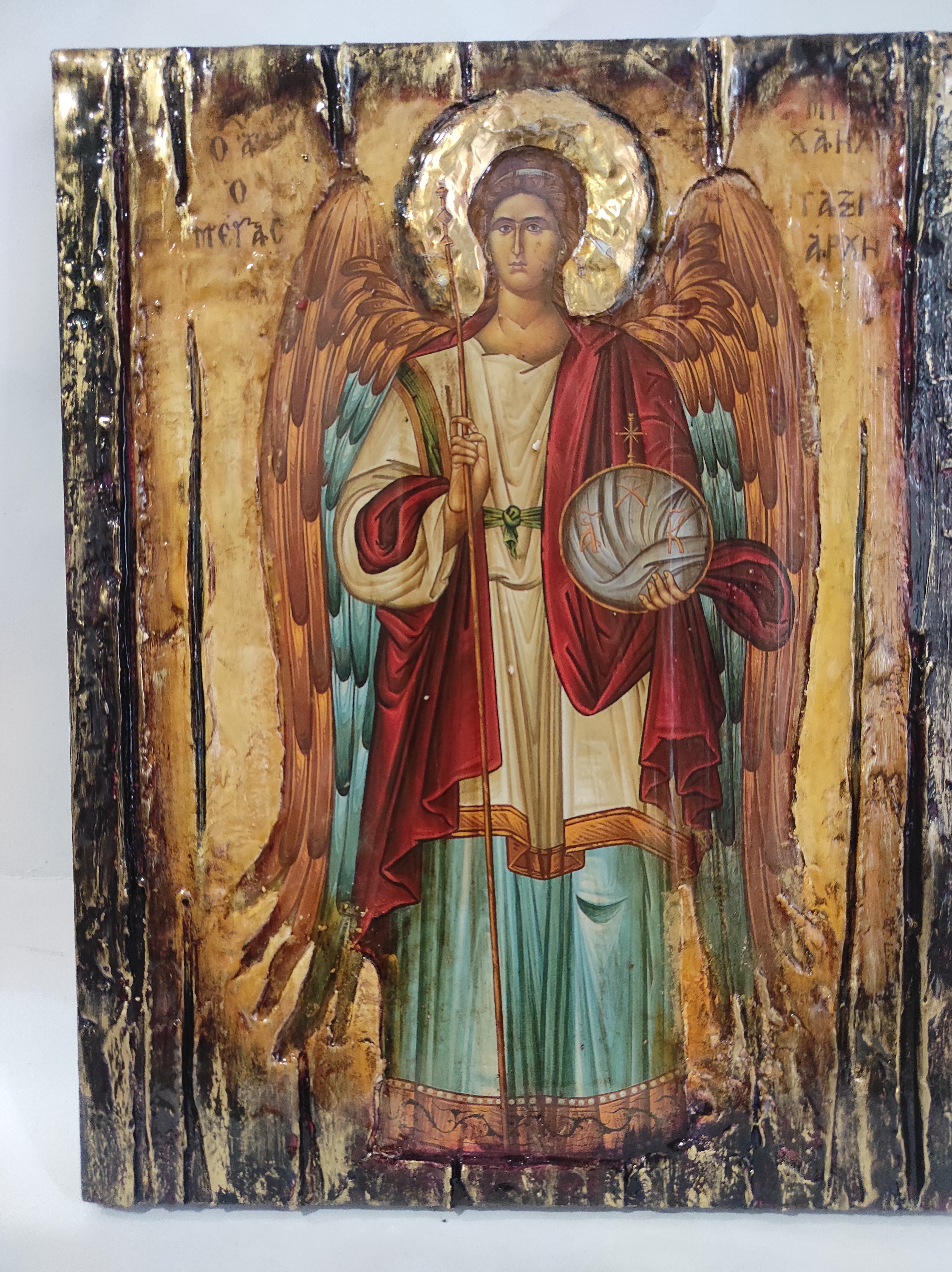 Archangel Michael Taxiarches Greek Christian Orthodox Byzantine Handmade Halo Icon