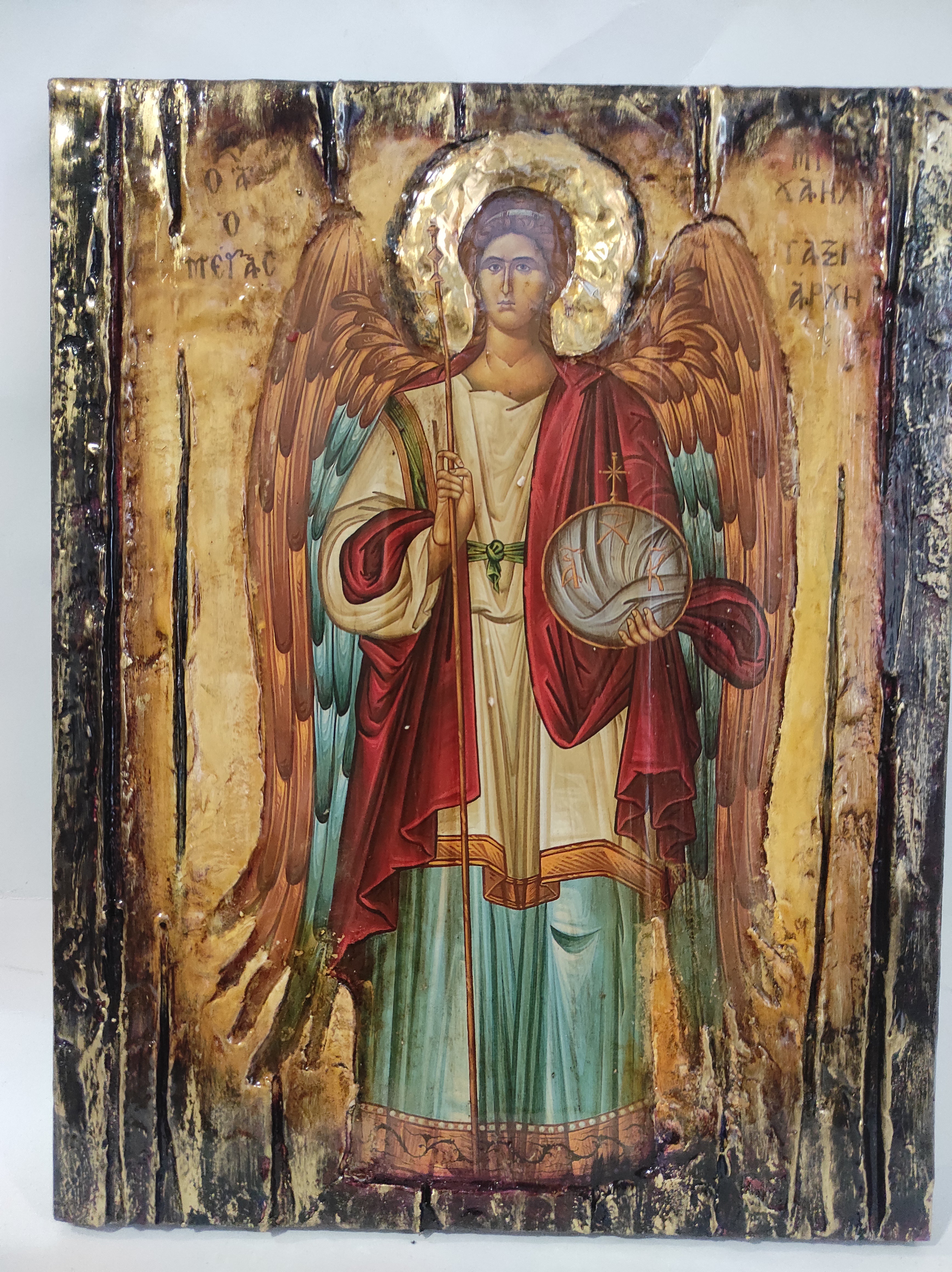 Archangel Michael Taxiarches Greek Christian Orthodox Byzantine Handmade Halo Icon