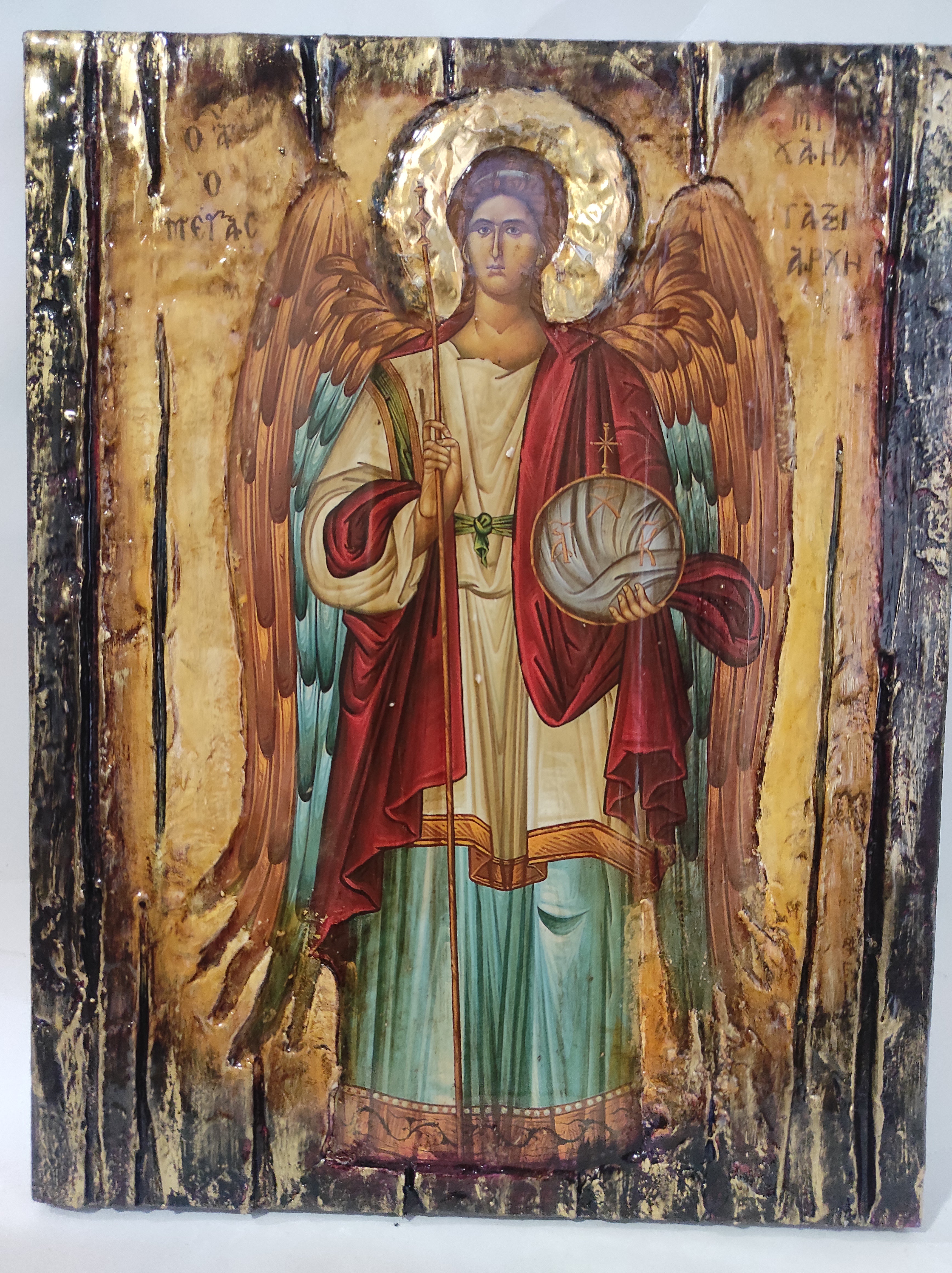 Archangel Michael Taxiarches Greek Christian Orthodox Byzantine Handmade Halo Icon