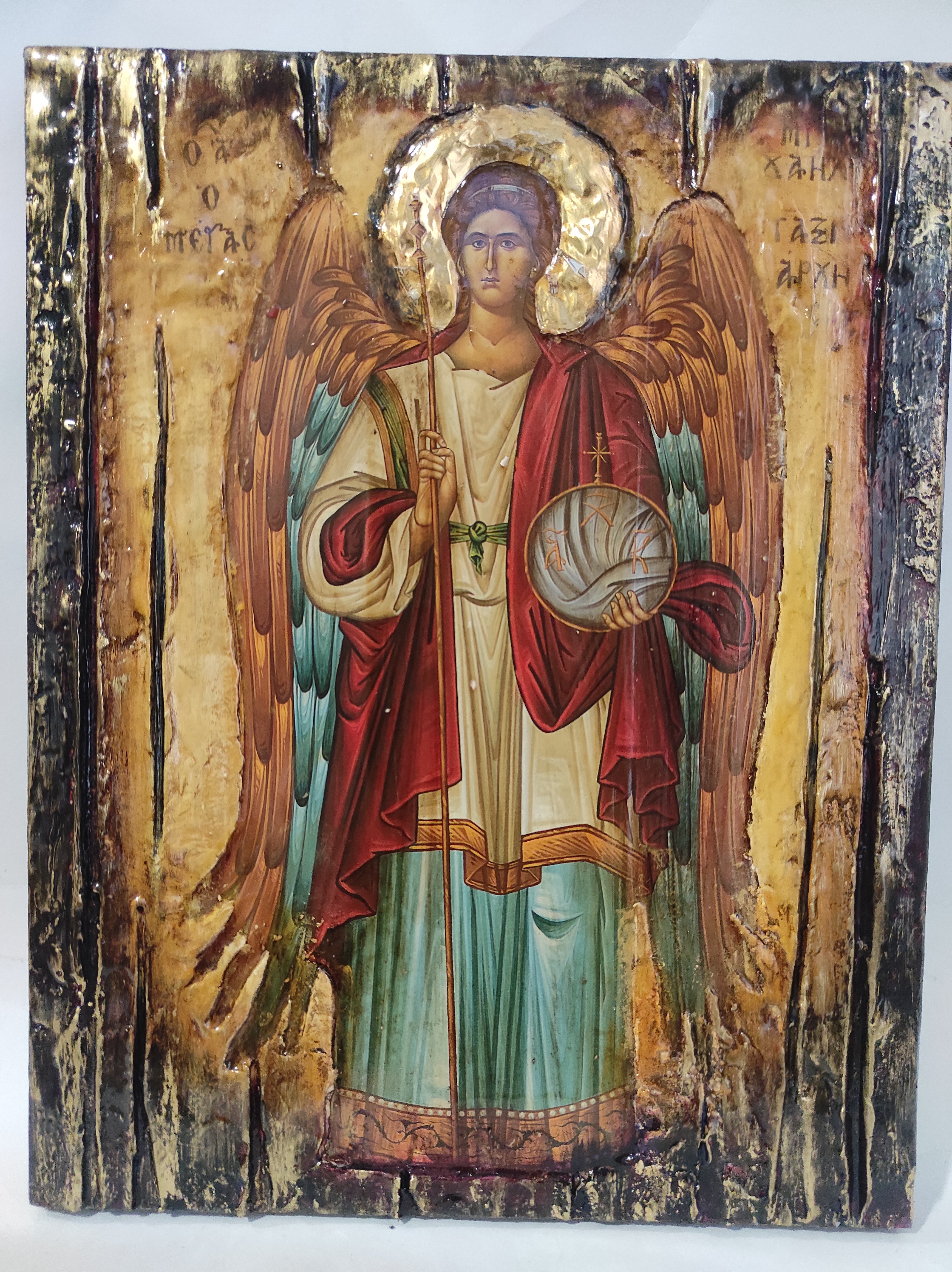 Archangel Michael Taxiarches Greek Christian Orthodox Byzantine Handmade Halo Icon