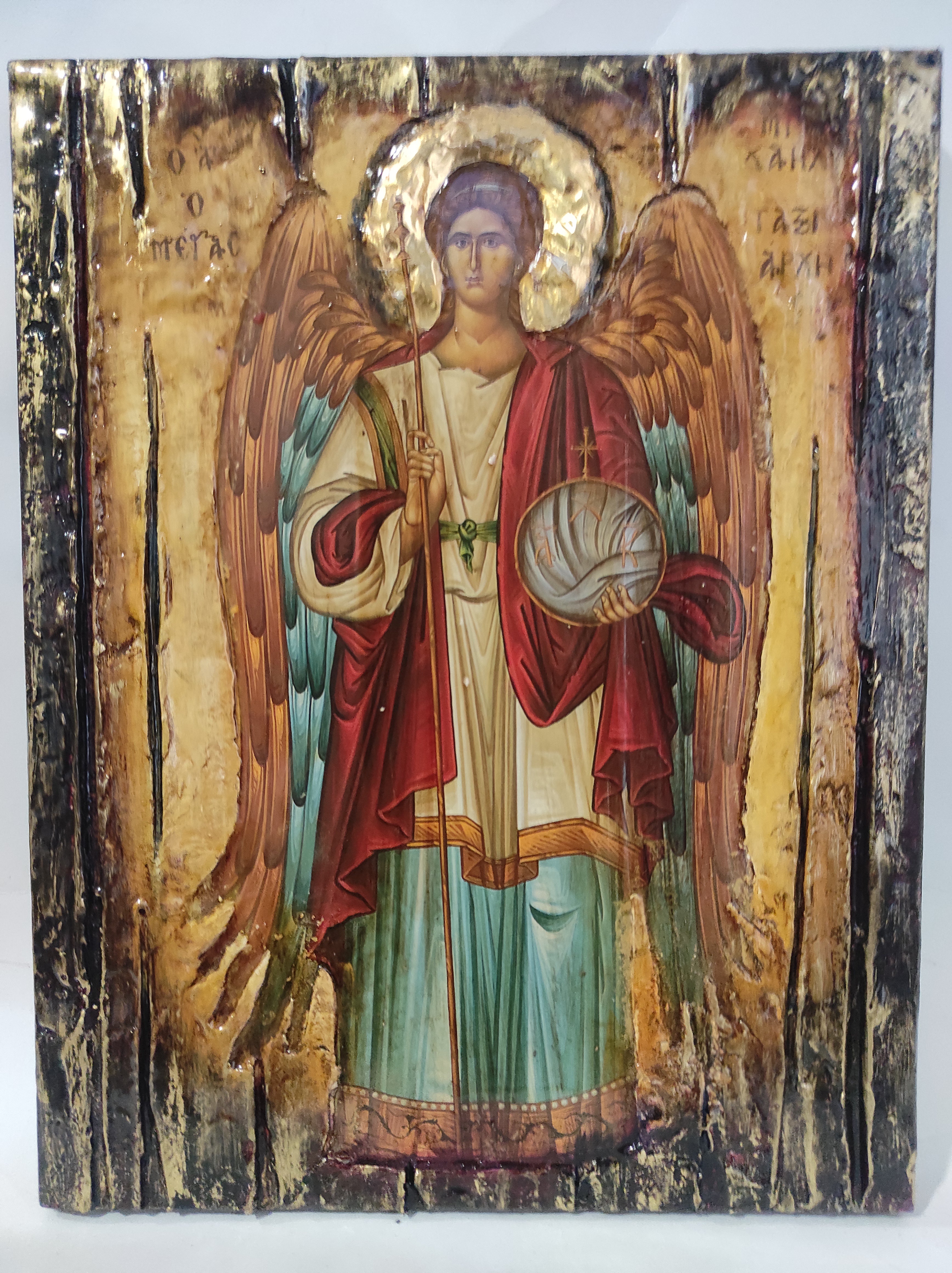 Archangel Michael Taxiarches Greek Christian Orthodox Byzantine Handmade Halo Icon