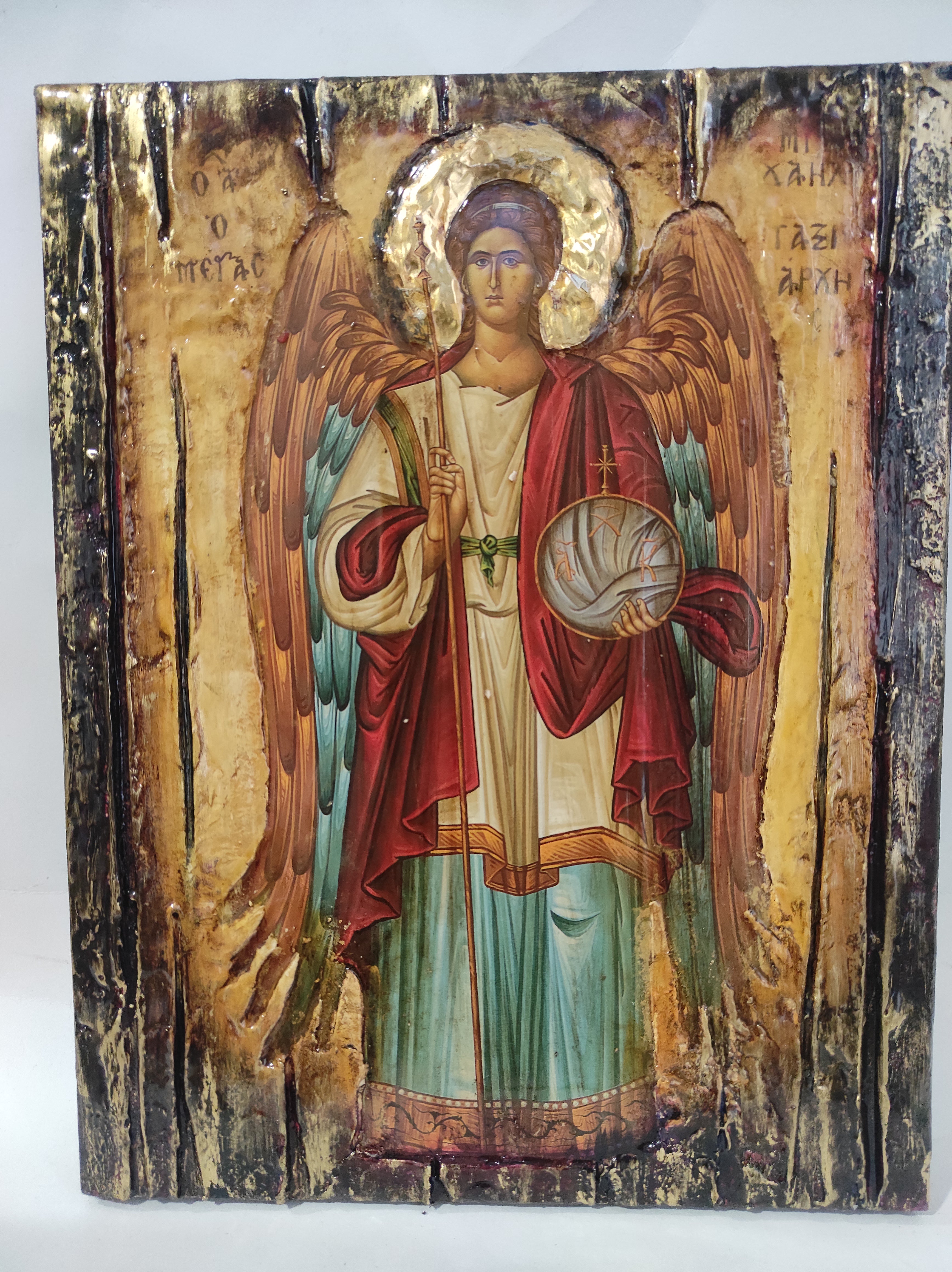 Archangel Michael Taxiarches Greek Christian Orthodox Byzantine Handmade Halo Icon
