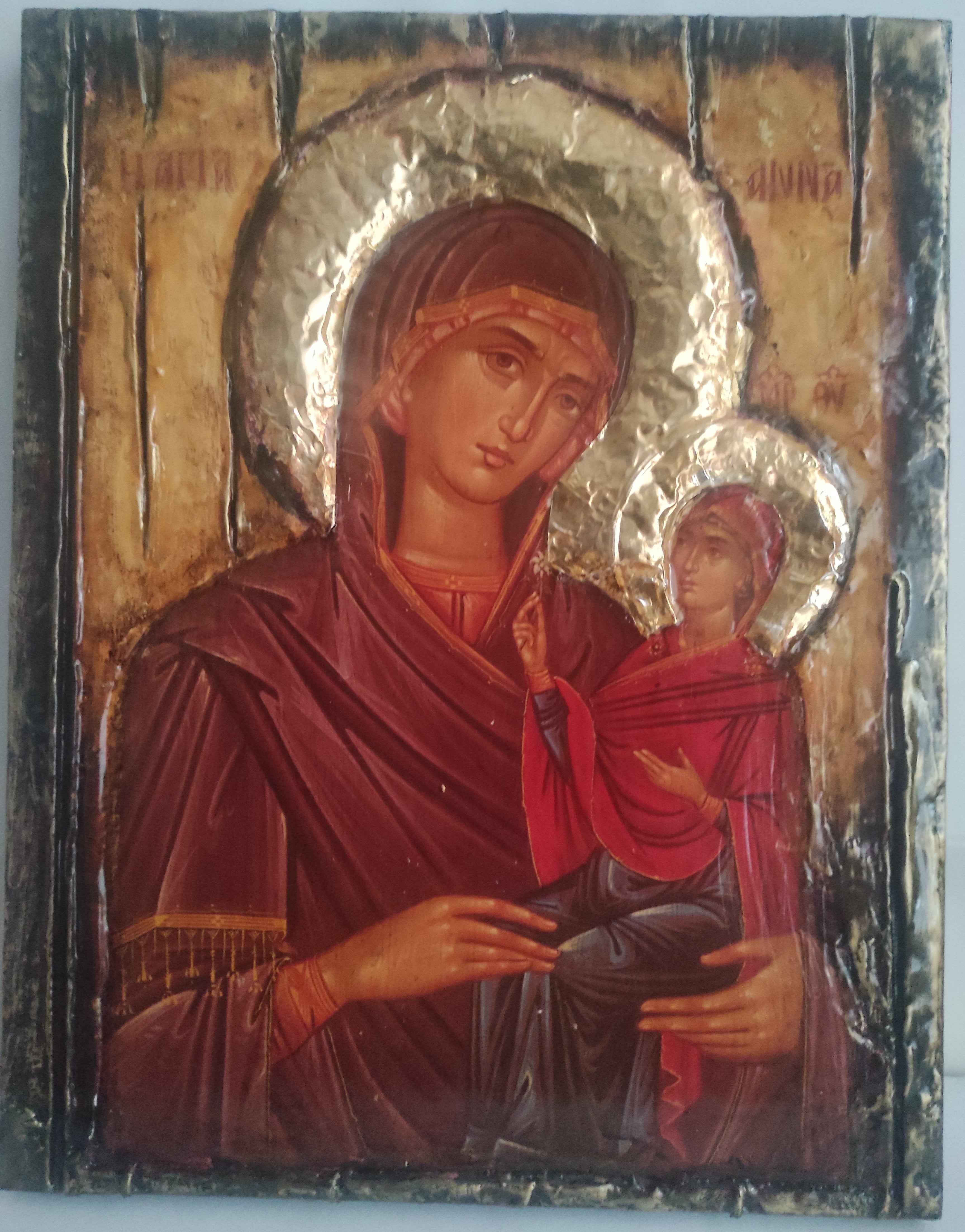 St. Anna Byzantine Icon with Virgin Mary - Handmade Greek Orthodox Antique Style