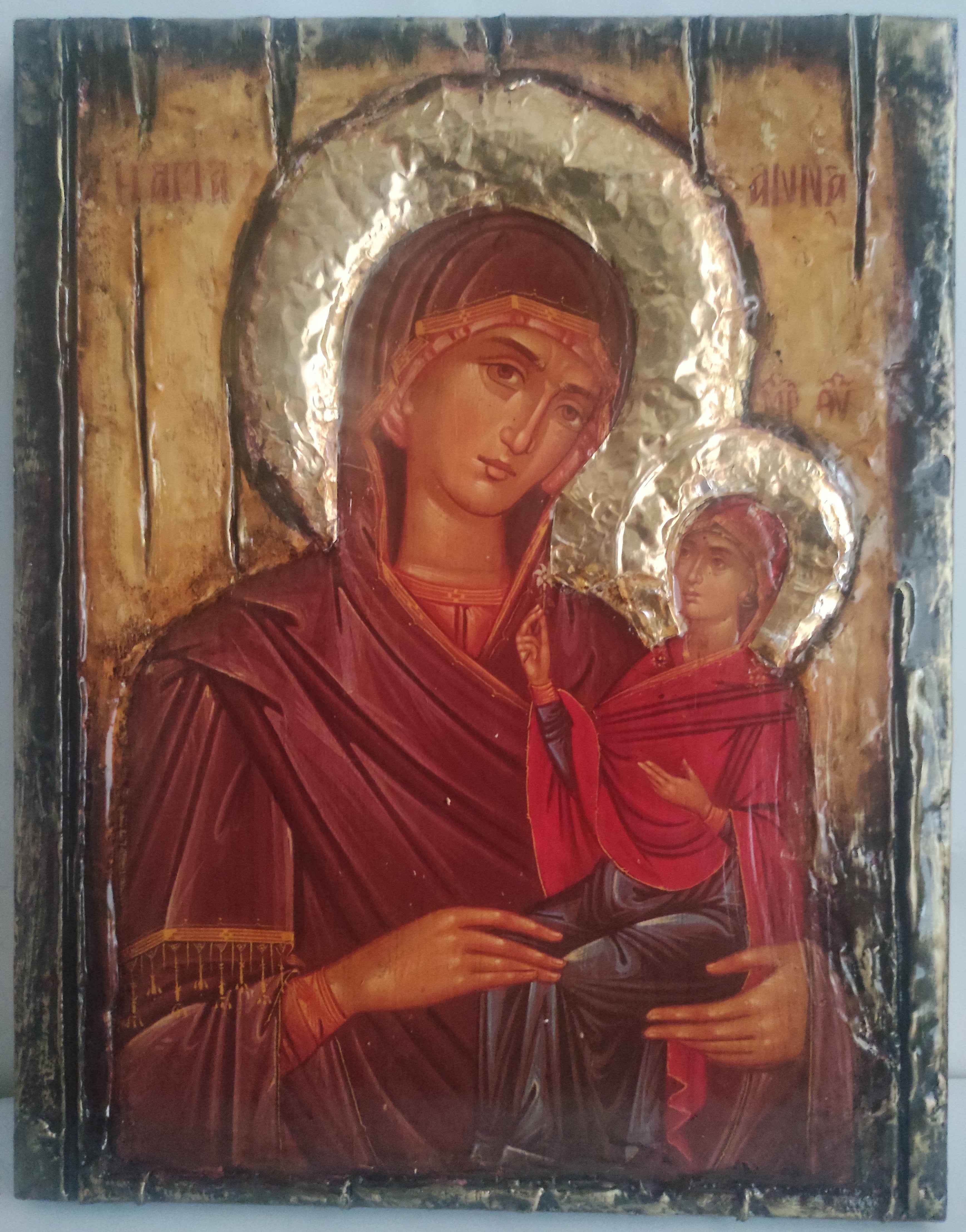St. Anna Byzantine Icon with Virgin Mary - Handmade Greek Orthodox Antique Style