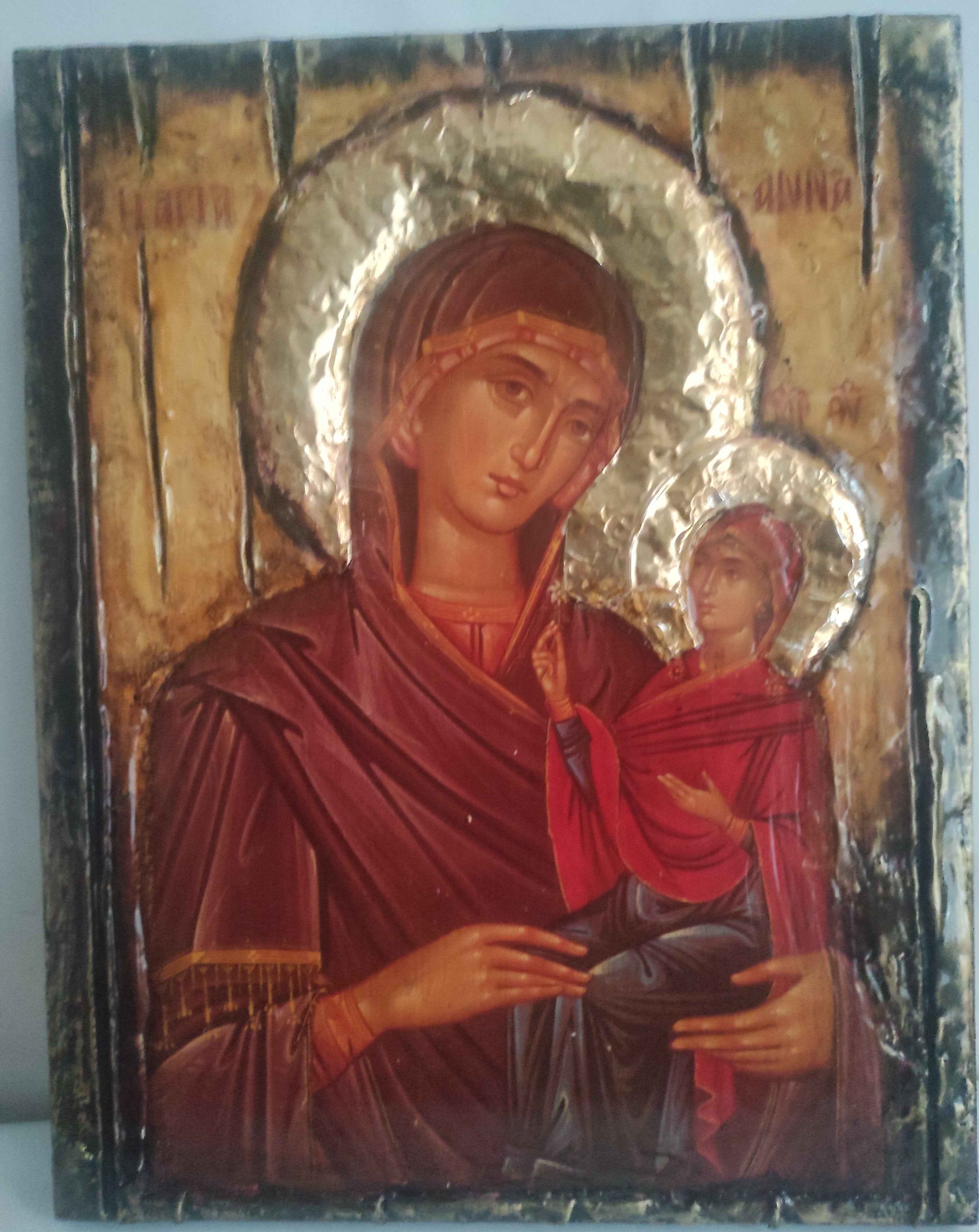 St. Anna Byzantine Icon with Virgin Mary - Handmade Greek Orthodox Antique Style