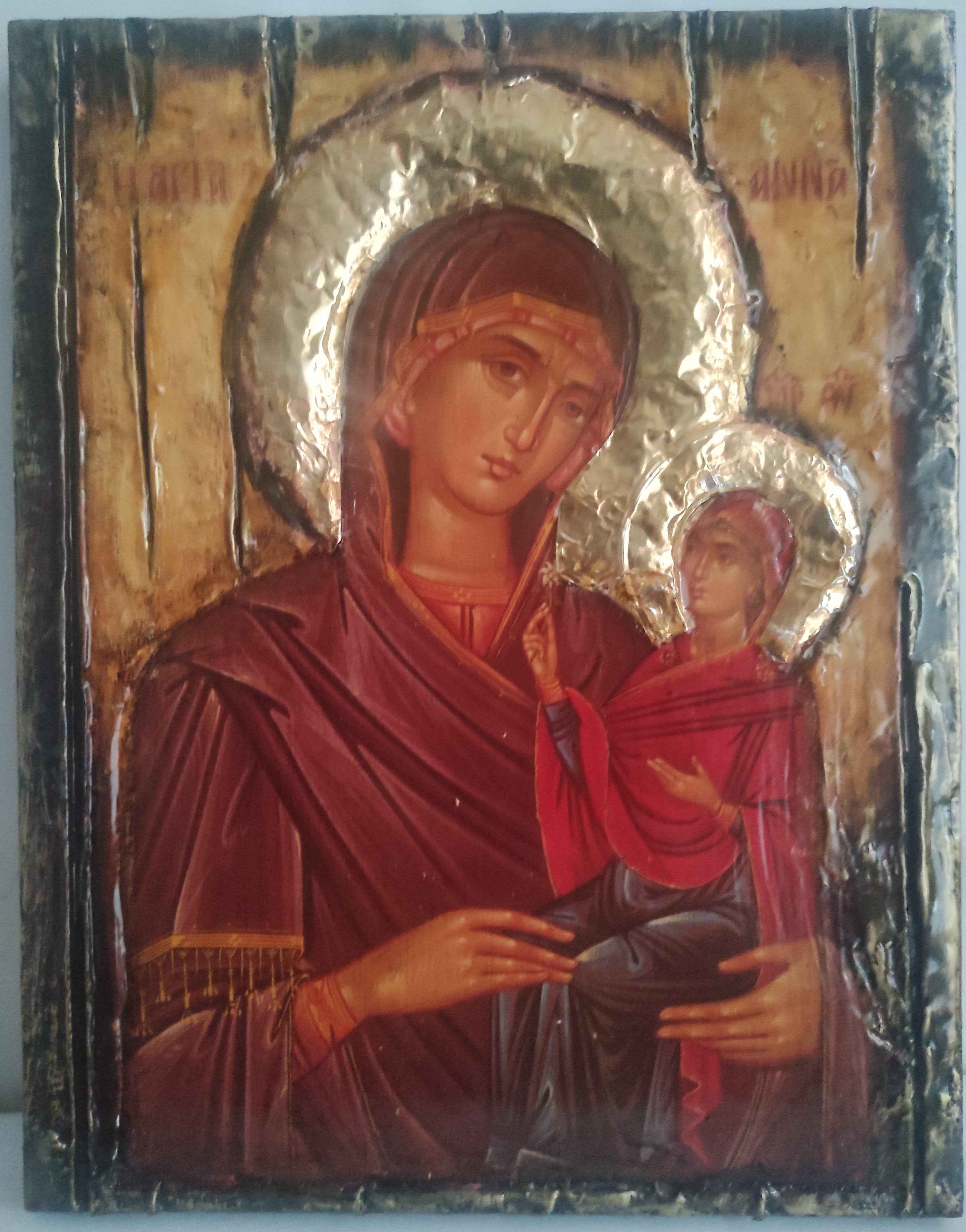 St. Anna Byzantine Icon with Virgin Mary - Handmade Greek Orthodox Antique Style