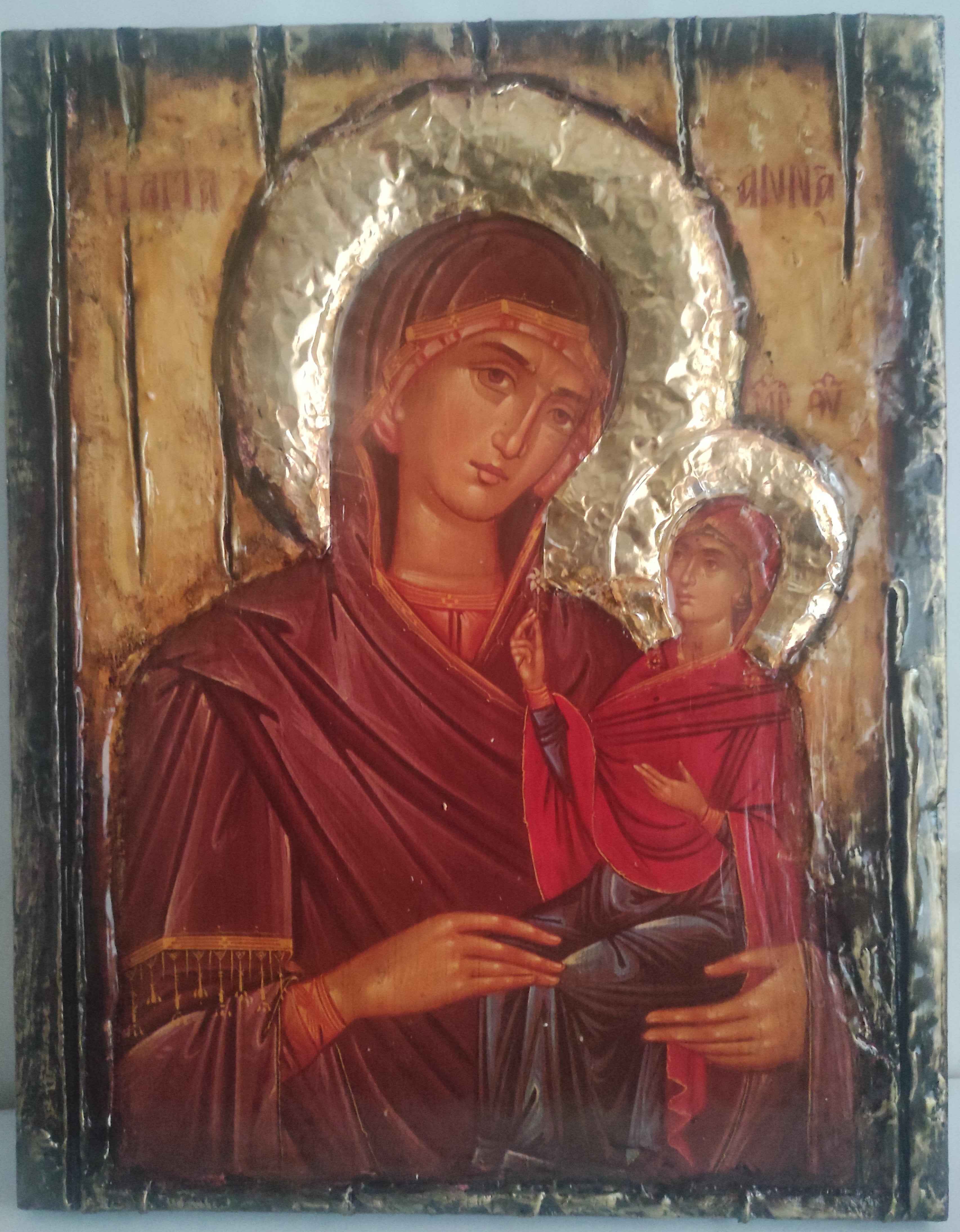 St. Anna Byzantine Icon with Virgin Mary - Handmade Greek Orthodox Antique Style
