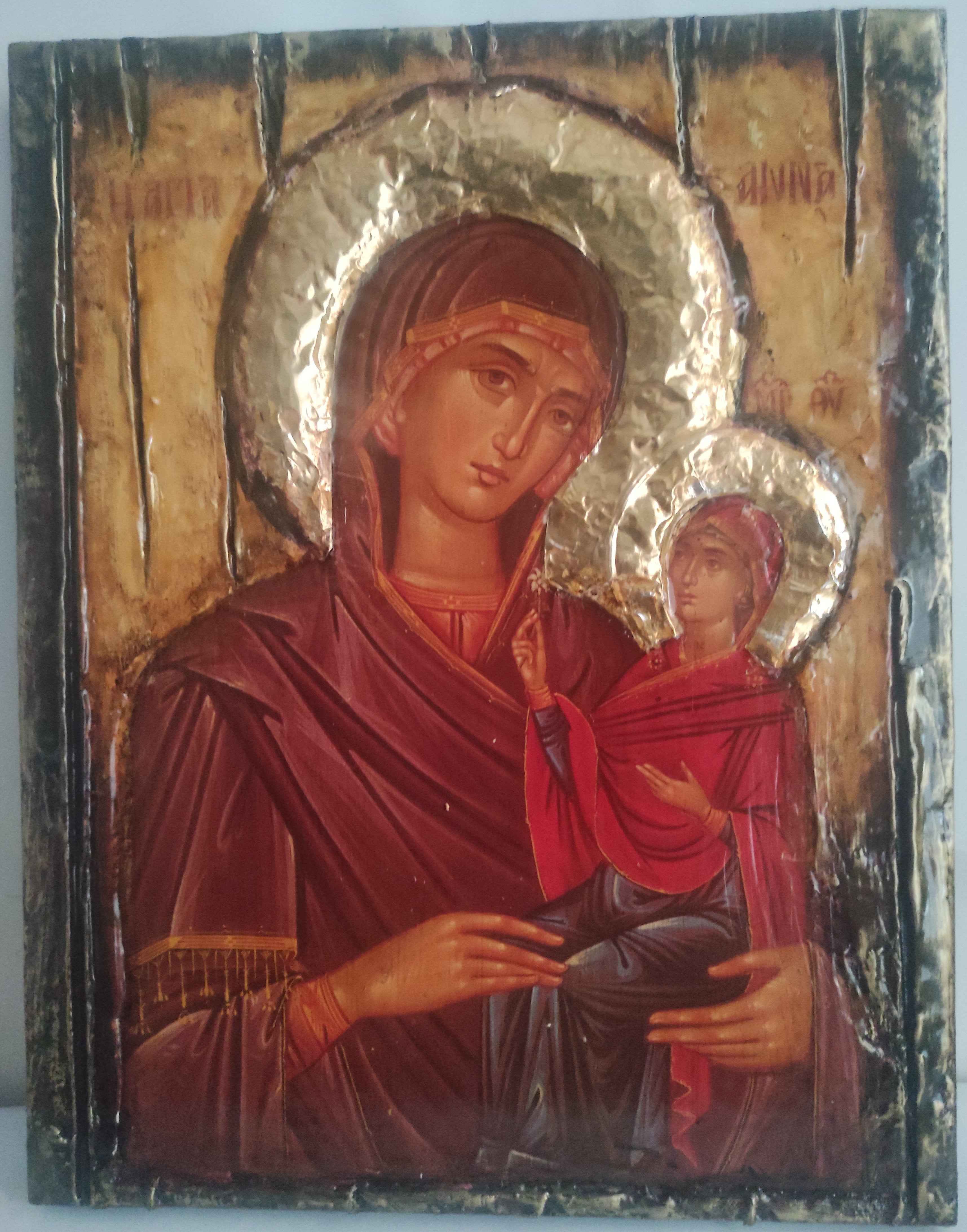St. Anna Byzantine Icon with Virgin Mary - Handmade Greek Orthodox Antique Style