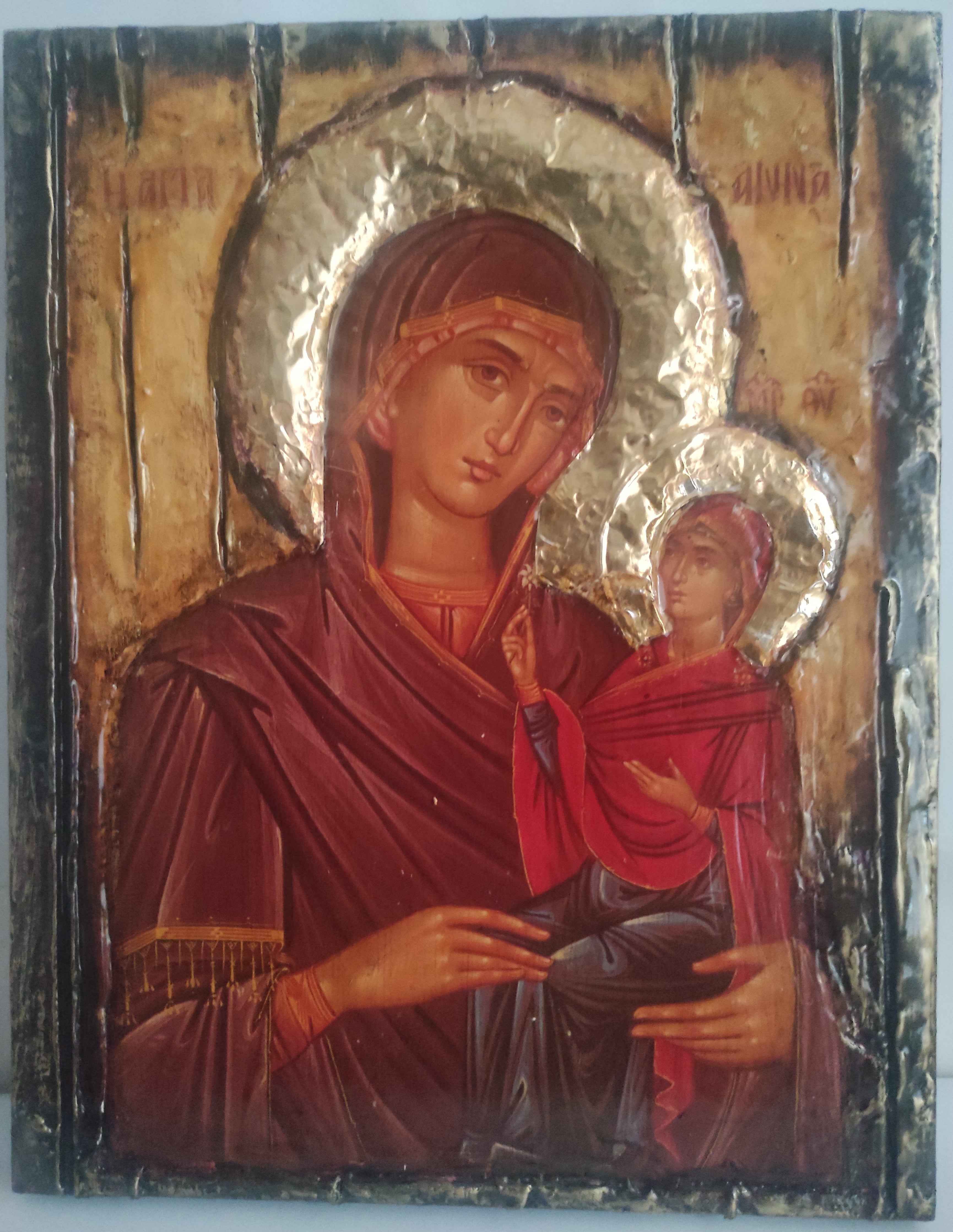 St. Anna Byzantine Icon with Virgin Mary - Handmade Greek Orthodox Antique Style