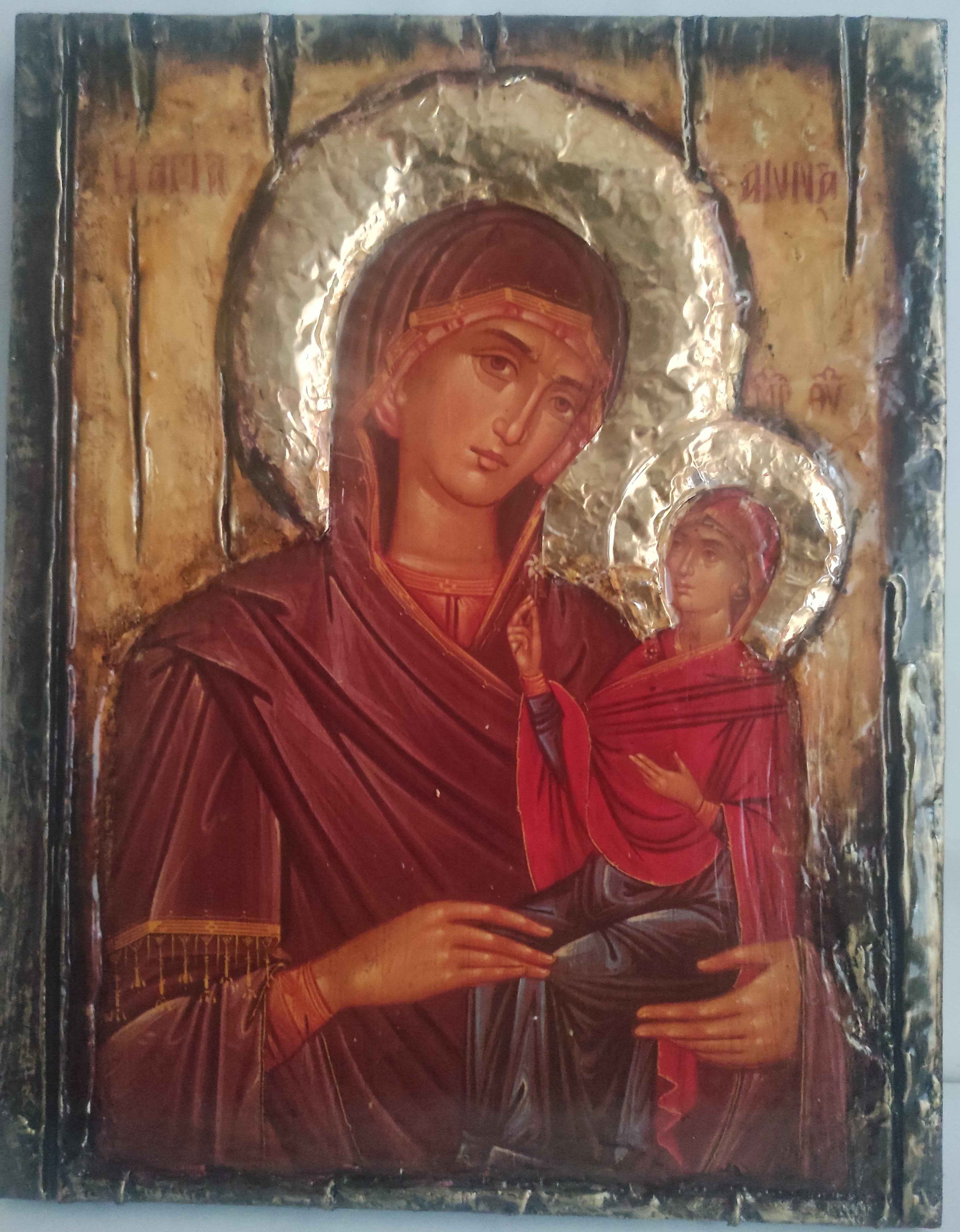 St. Anna Byzantine Icon with Virgin Mary - Handmade Greek Orthodox Antique Style