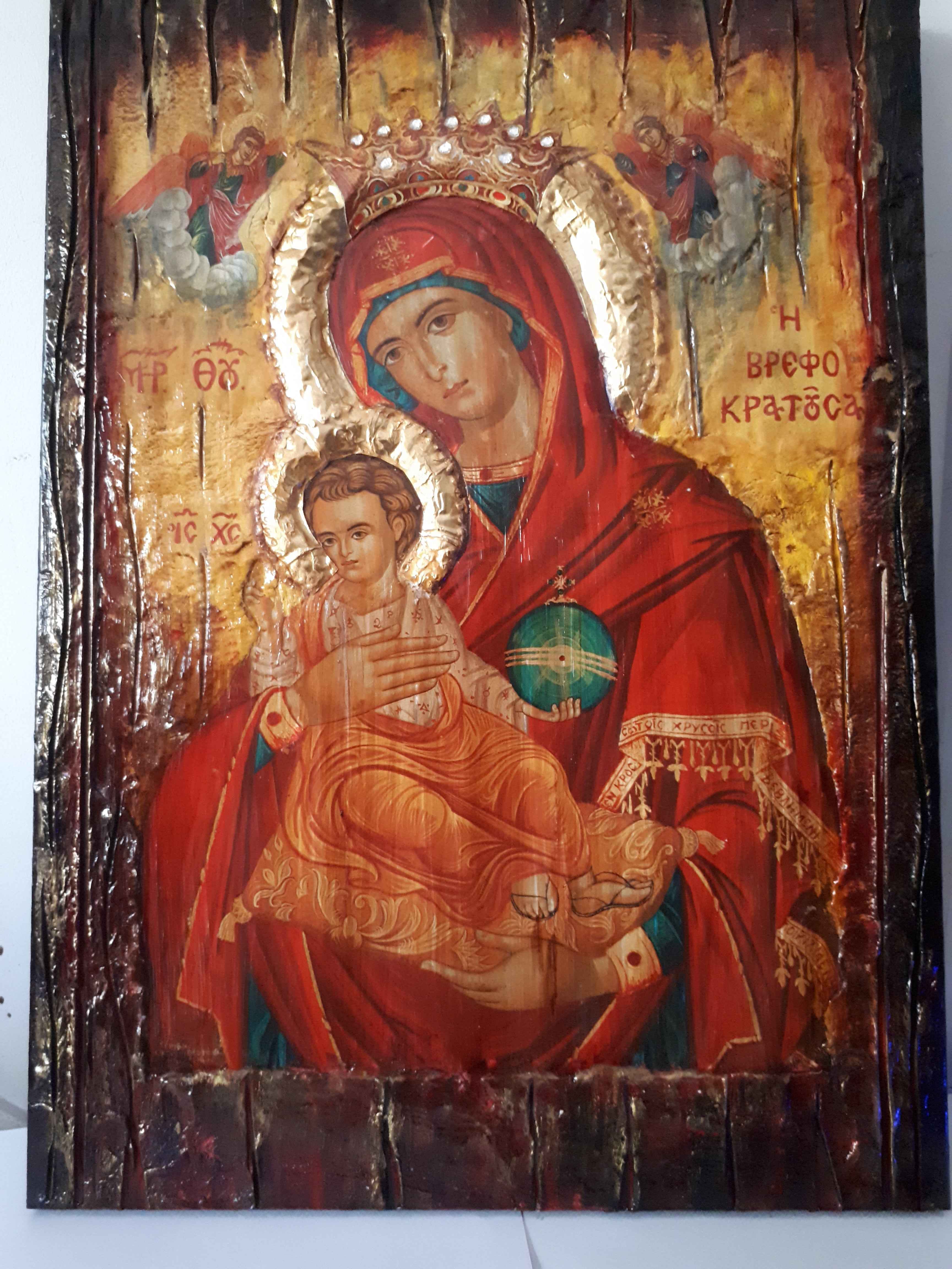 Virgin Mary Vrefokratousa Icon - Orthodox Byzantine Religious Icon Antique Style