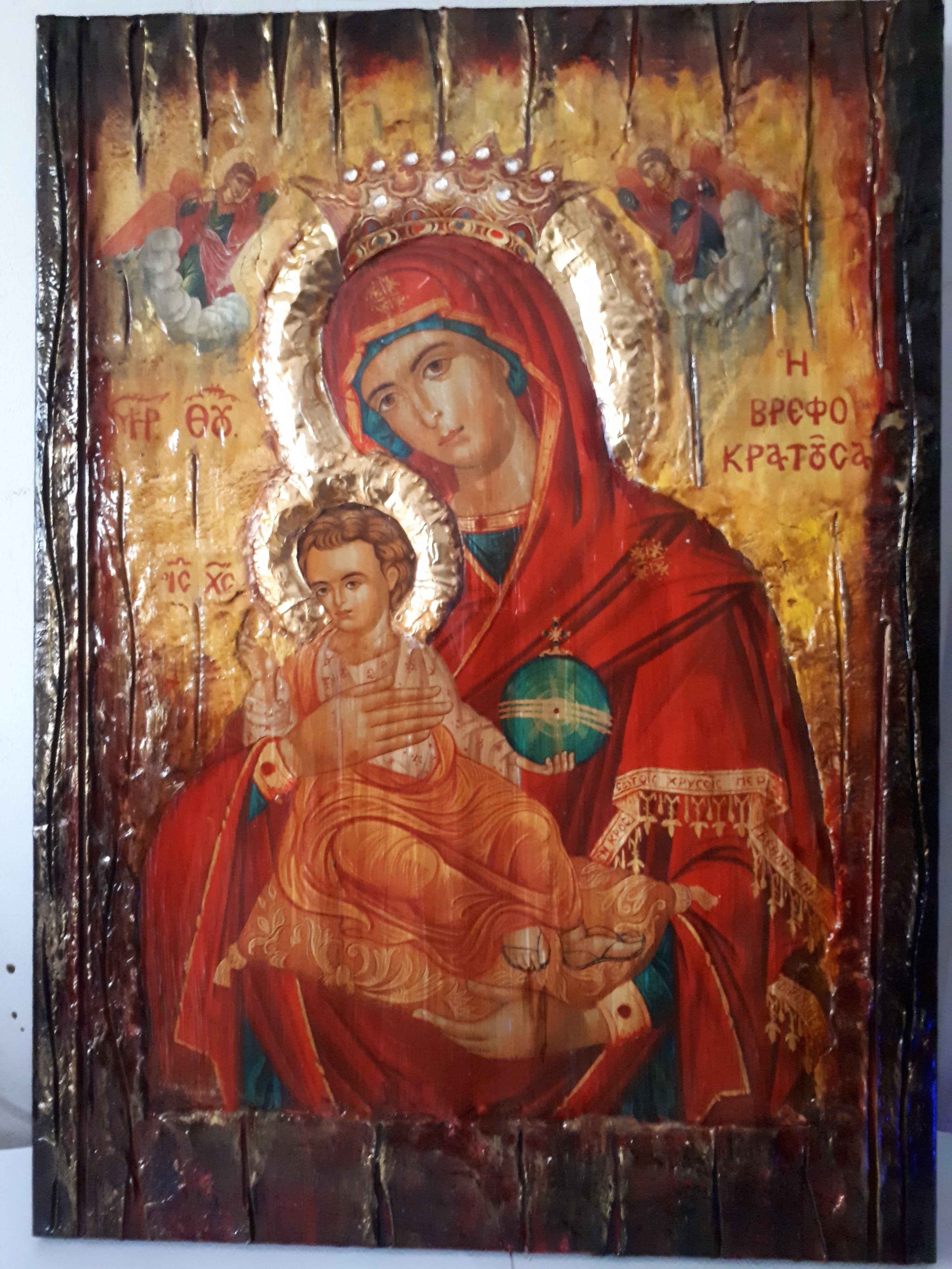 Virgin Mary Vrefokratousa Icon - Orthodox Byzantine Religious Icon Antique Style