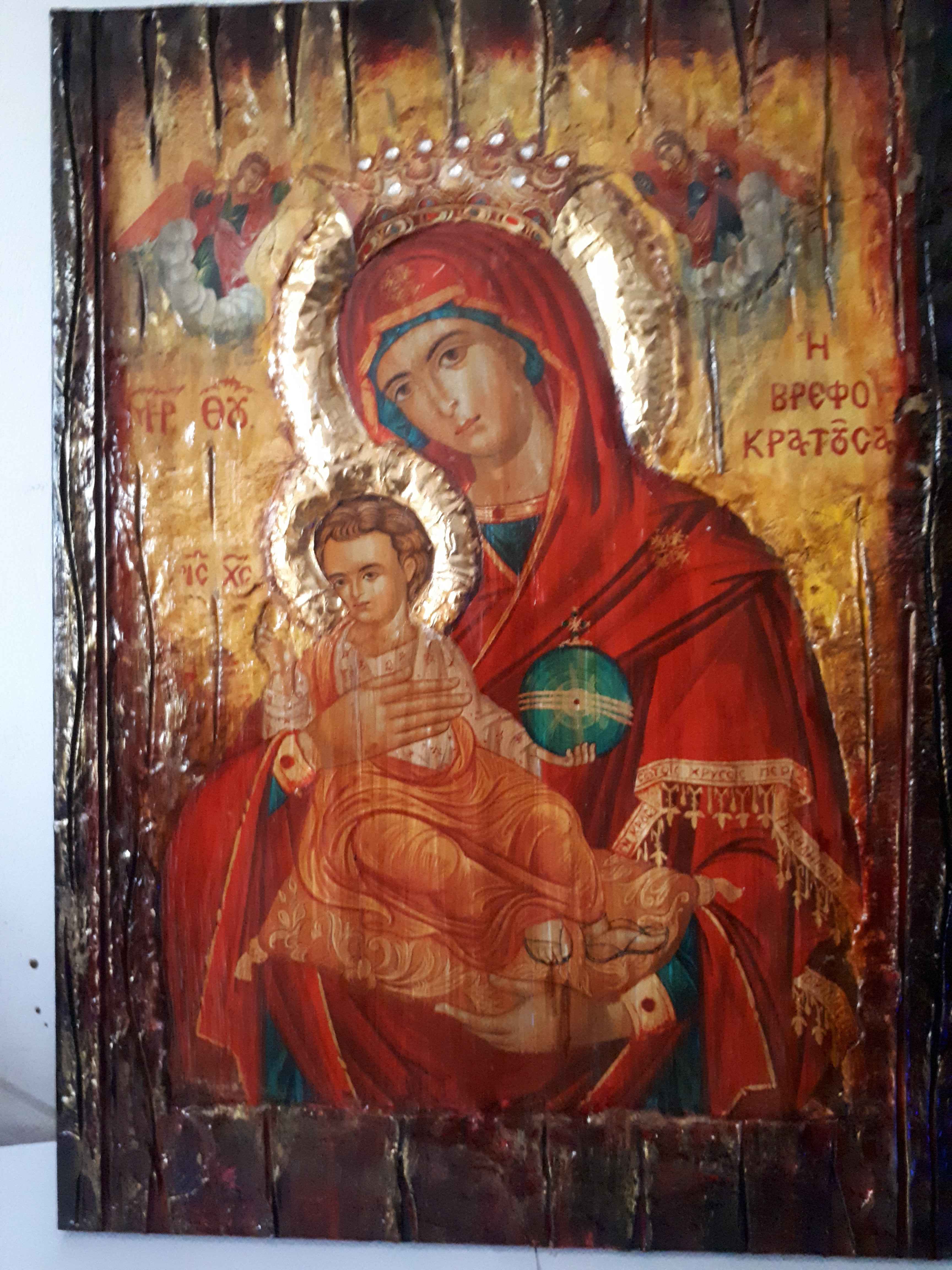 Virgin Mary Vrefokratousa Icon - Orthodox Byzantine Religious Icon Antique Style