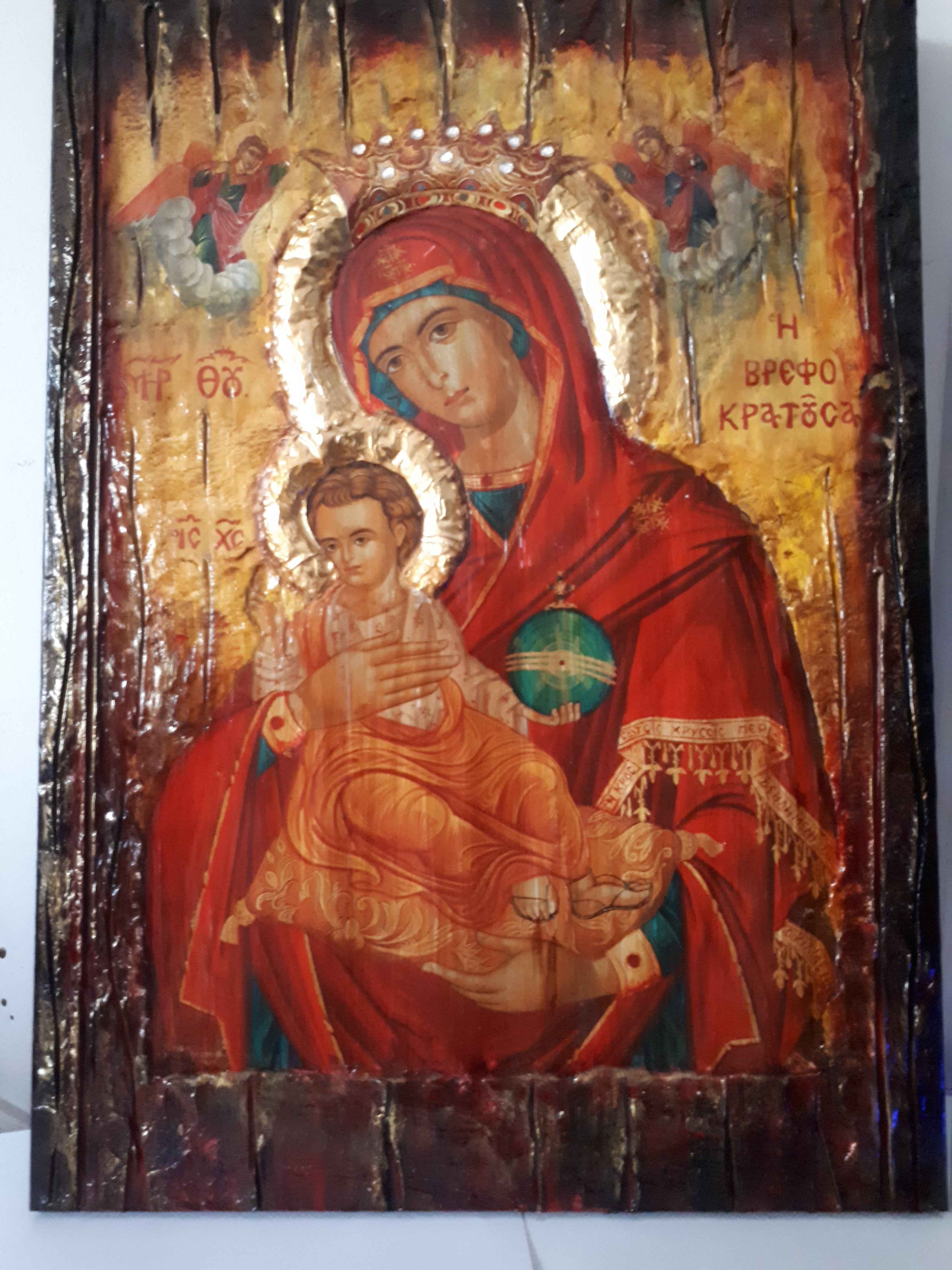 Virgin Mary Vrefokratousa Icon - Orthodox Byzantine Religious Icon Antique Style