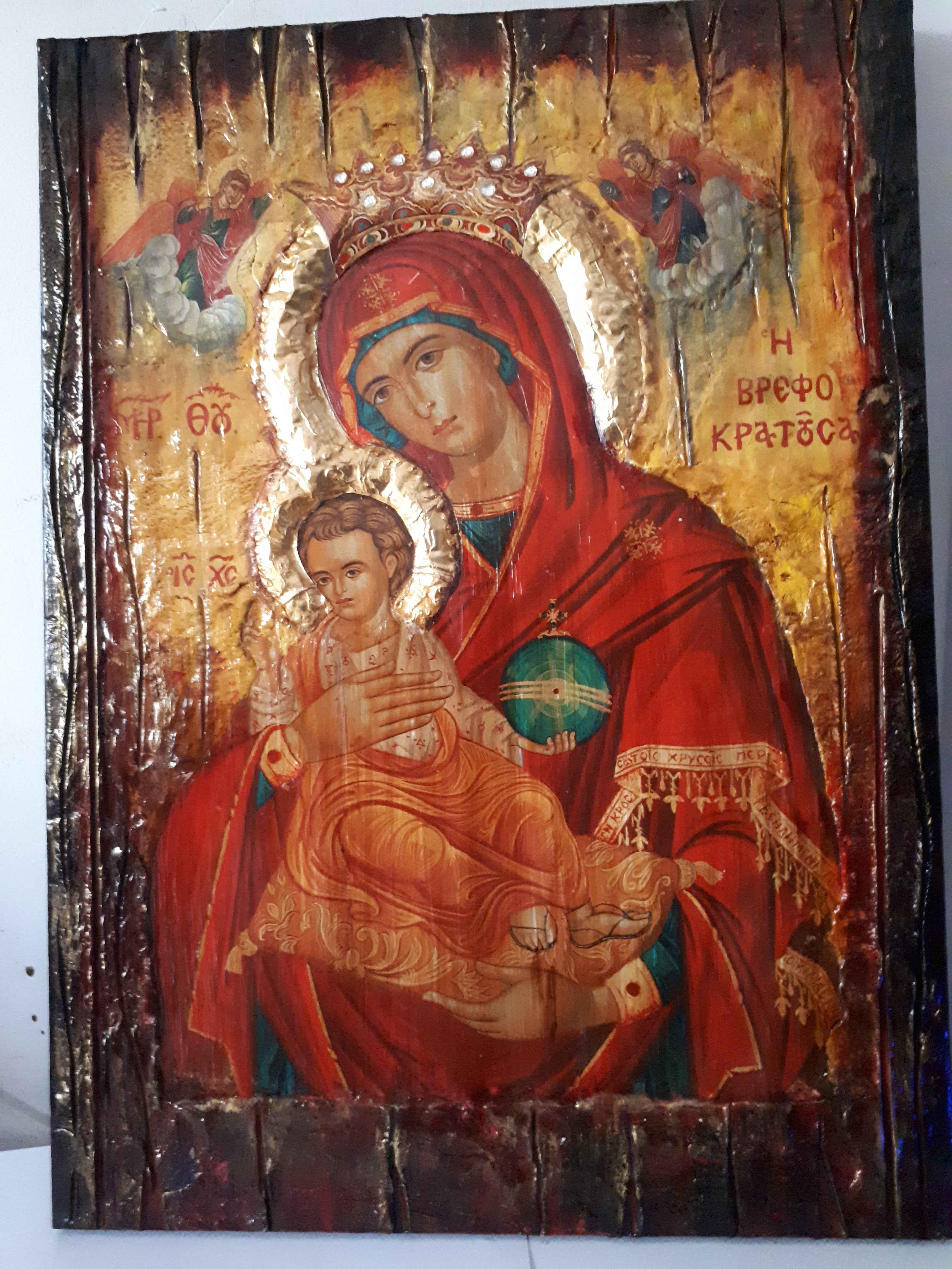 Virgin Mary Vrefokratousa Icon - Orthodox Byzantine Religious Icon Antique Style