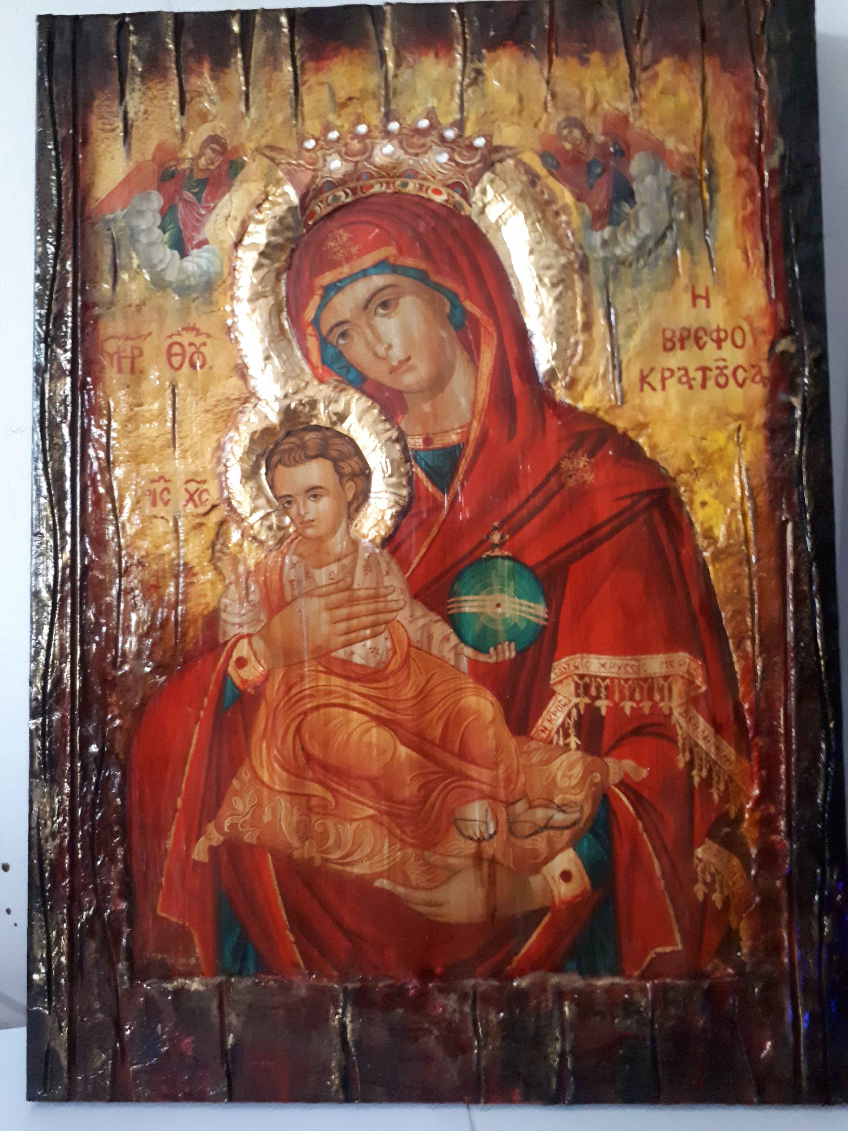 Virgin Mary Vrefokratousa Icon - Orthodox Byzantine Religious Icon Antique Style