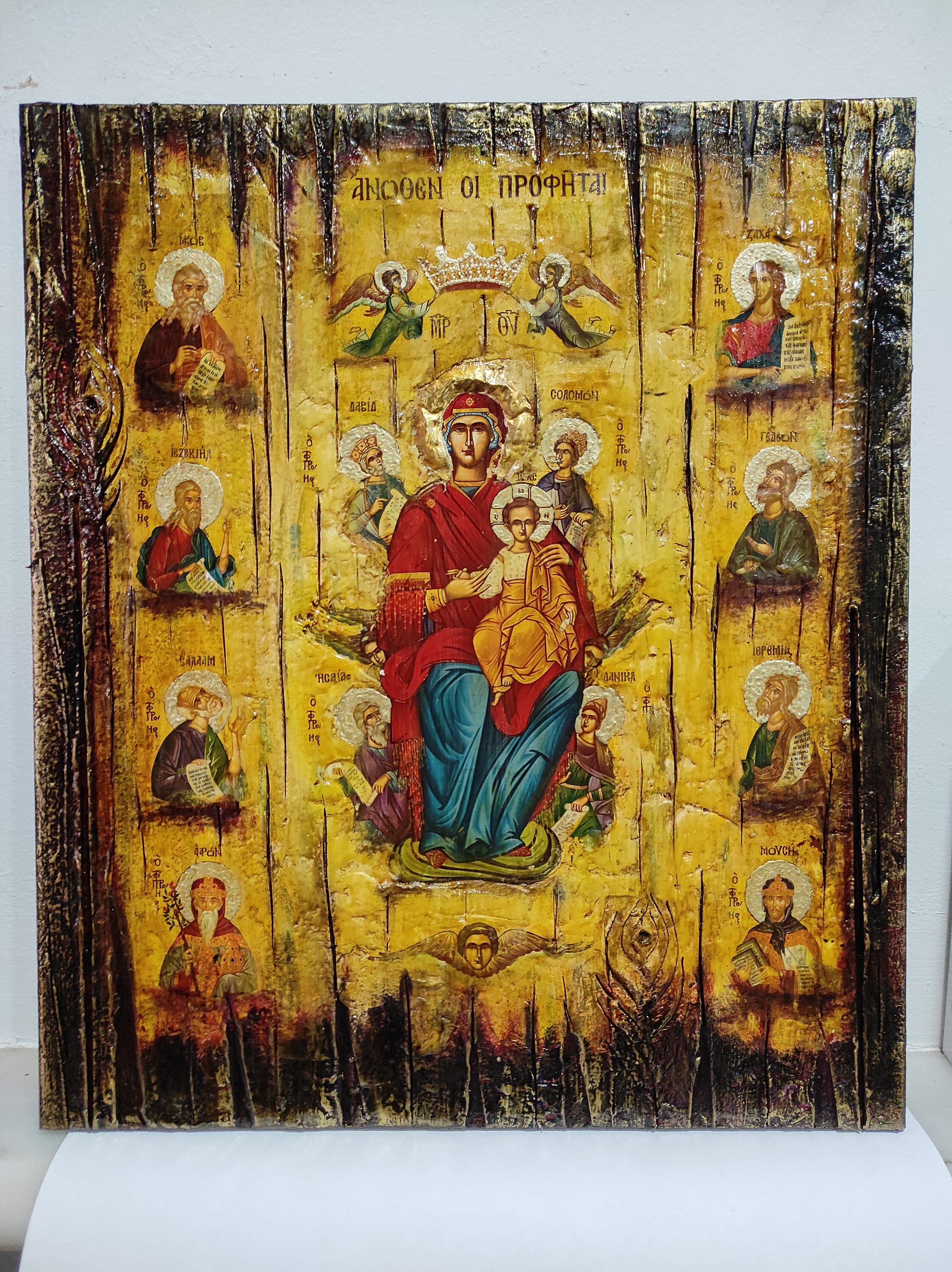 Virgin Mary and Child Enthroned, The Prophets Above - Orthodox Byzantine Greek Icons