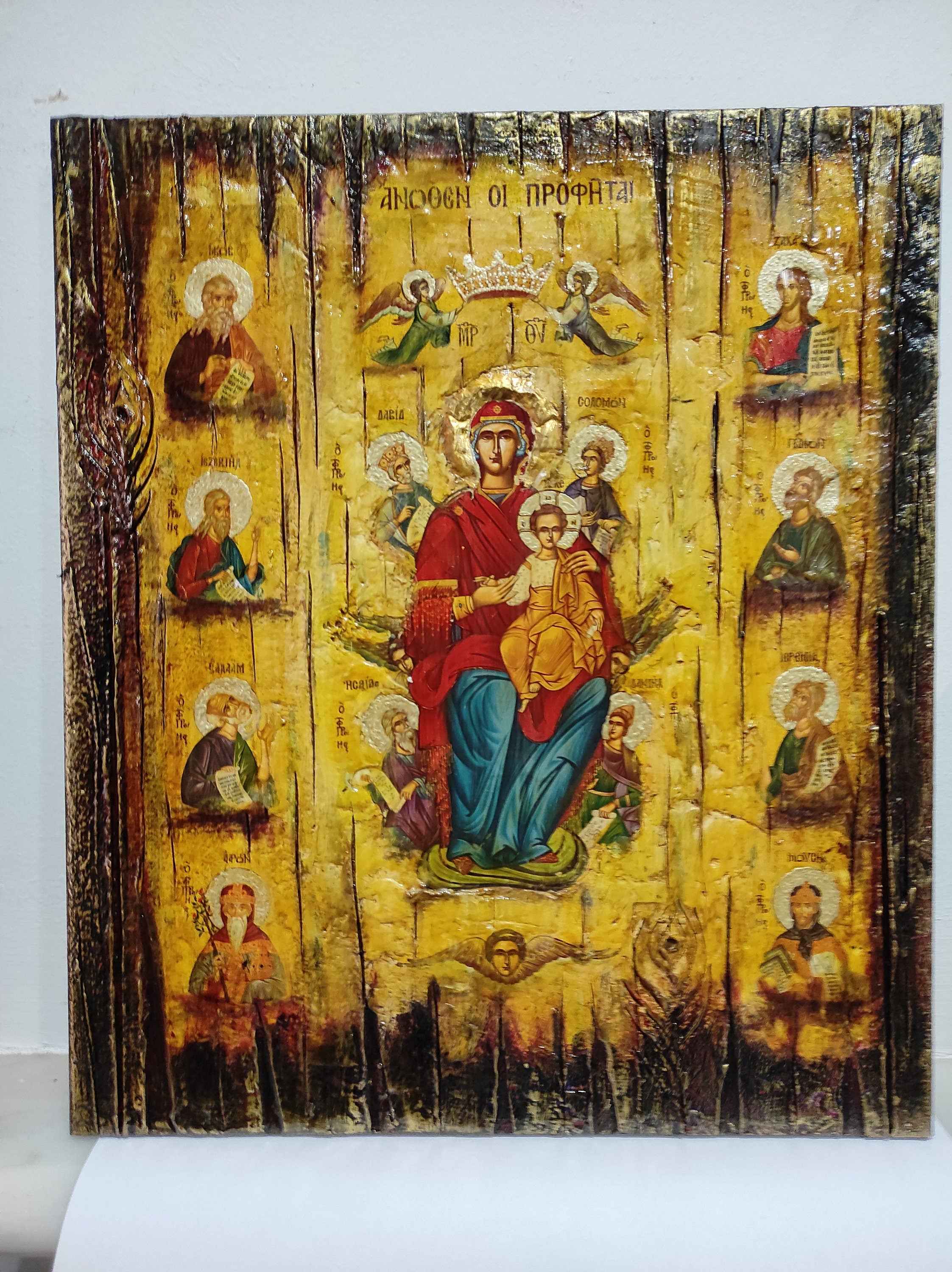 Virgin Mary and Child Enthroned, The Prophets Above - Orthodox Byzantine Greek Icons