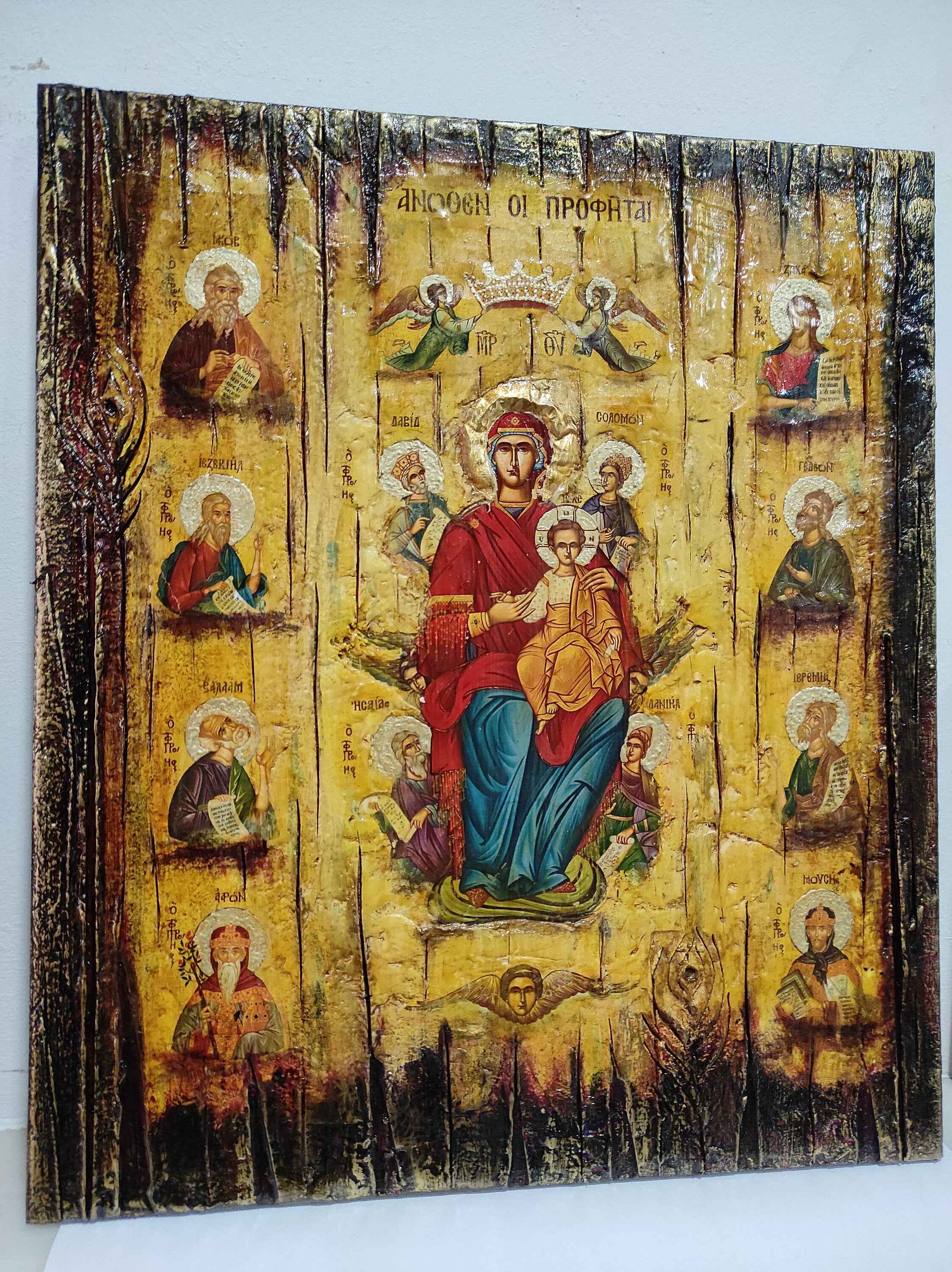 Virgin Mary and Child Enthroned, The Prophets Above - Orthodox Byzantine Greek Icons