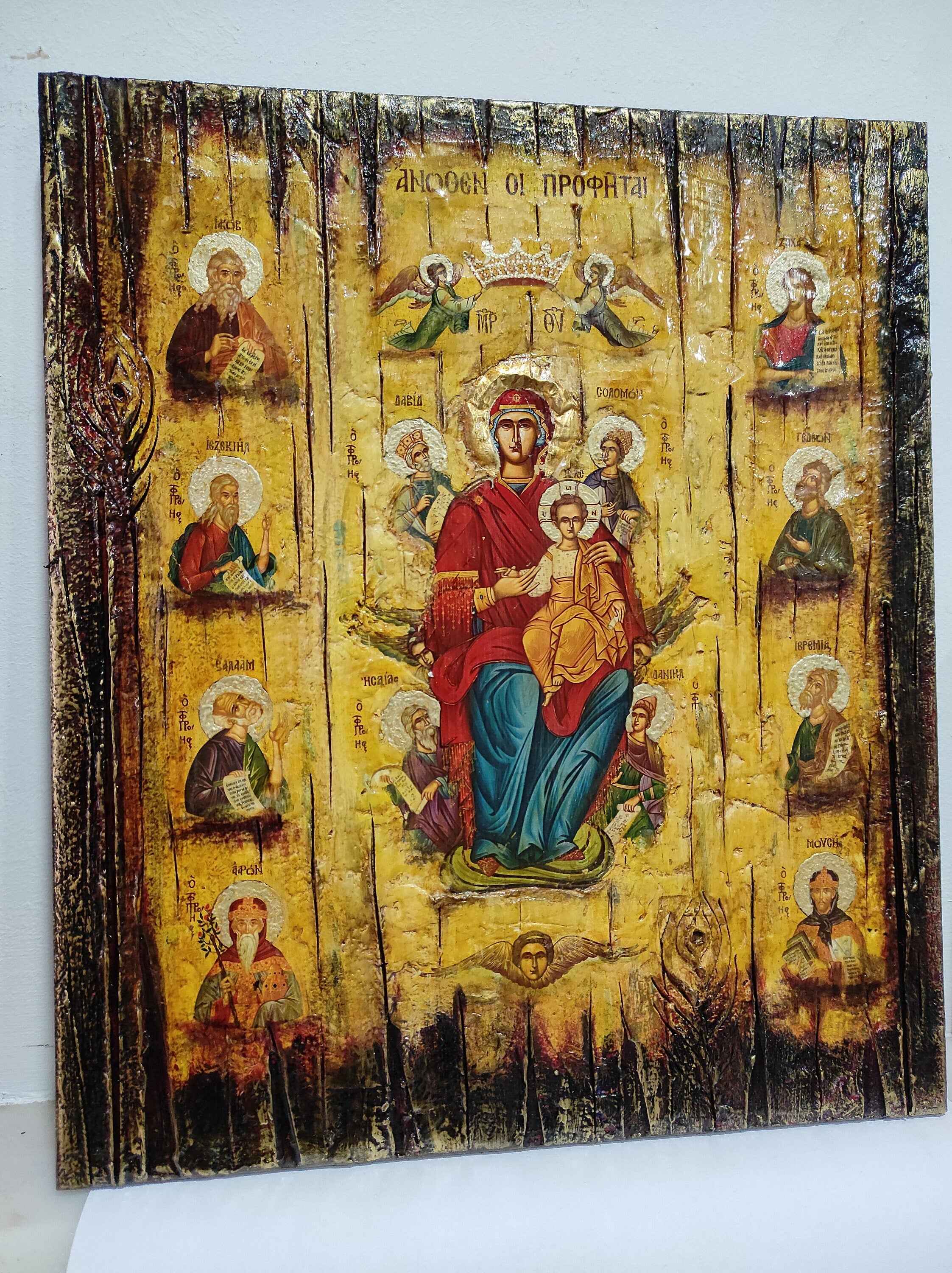 Virgin Mary and Child Enthroned, The Prophets Above - Orthodox Byzantine Greek Icons