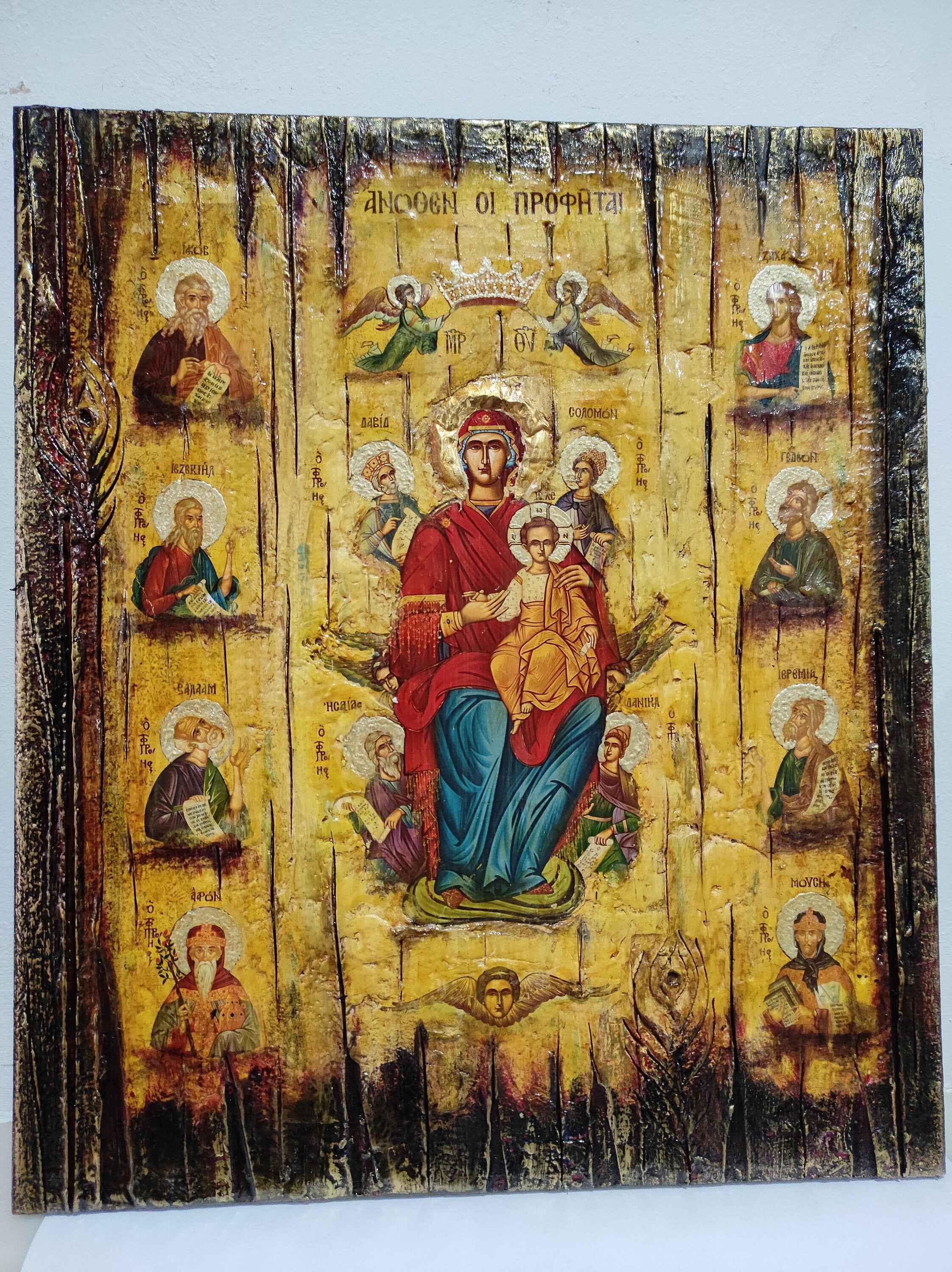 Virgin Mary and Child Enthroned, The Prophets Above - Orthodox Byzantine Greek Icons