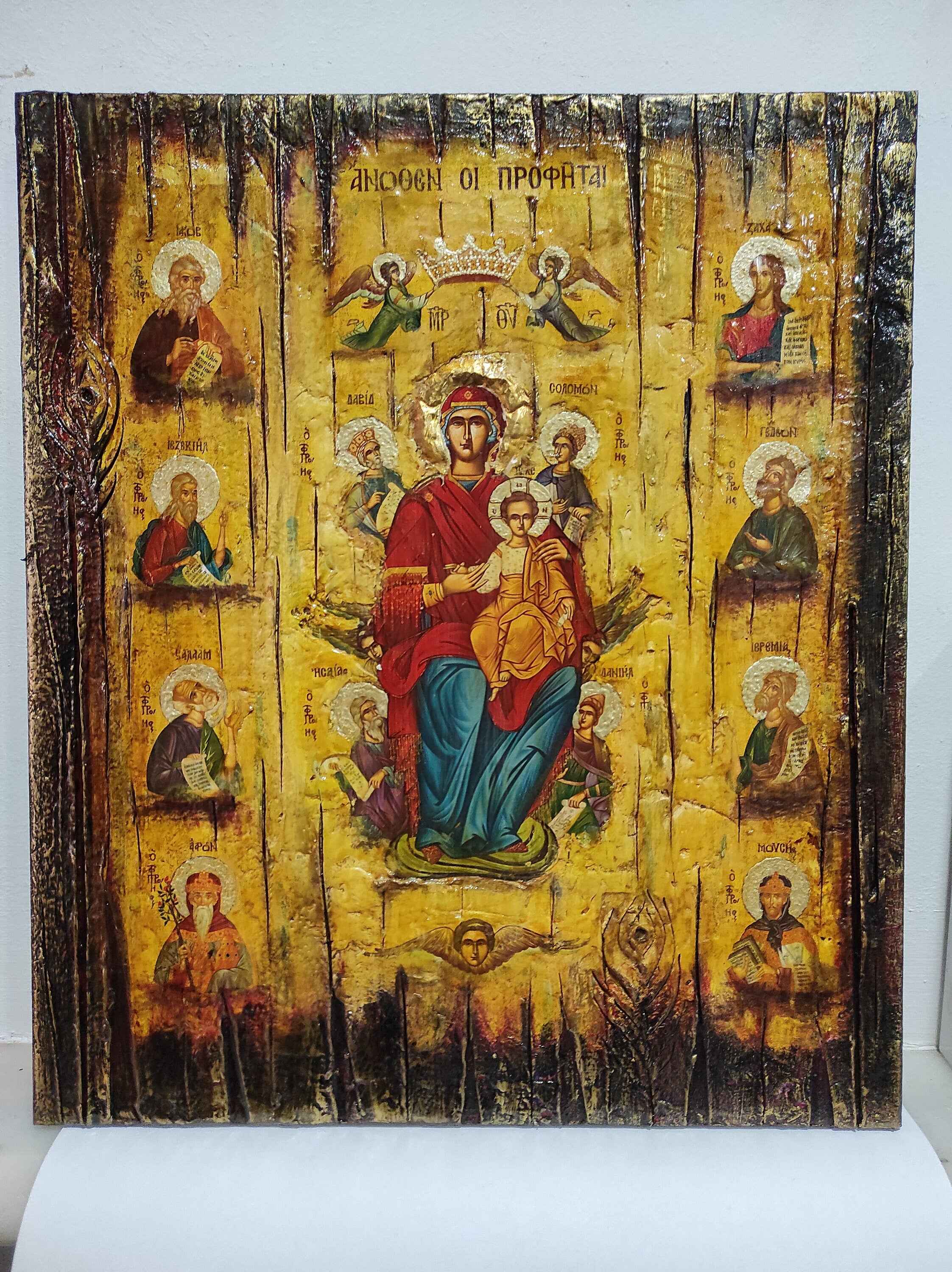 Virgin Mary and Child Enthroned, The Prophets Above - Orthodox Byzantine Greek Icons