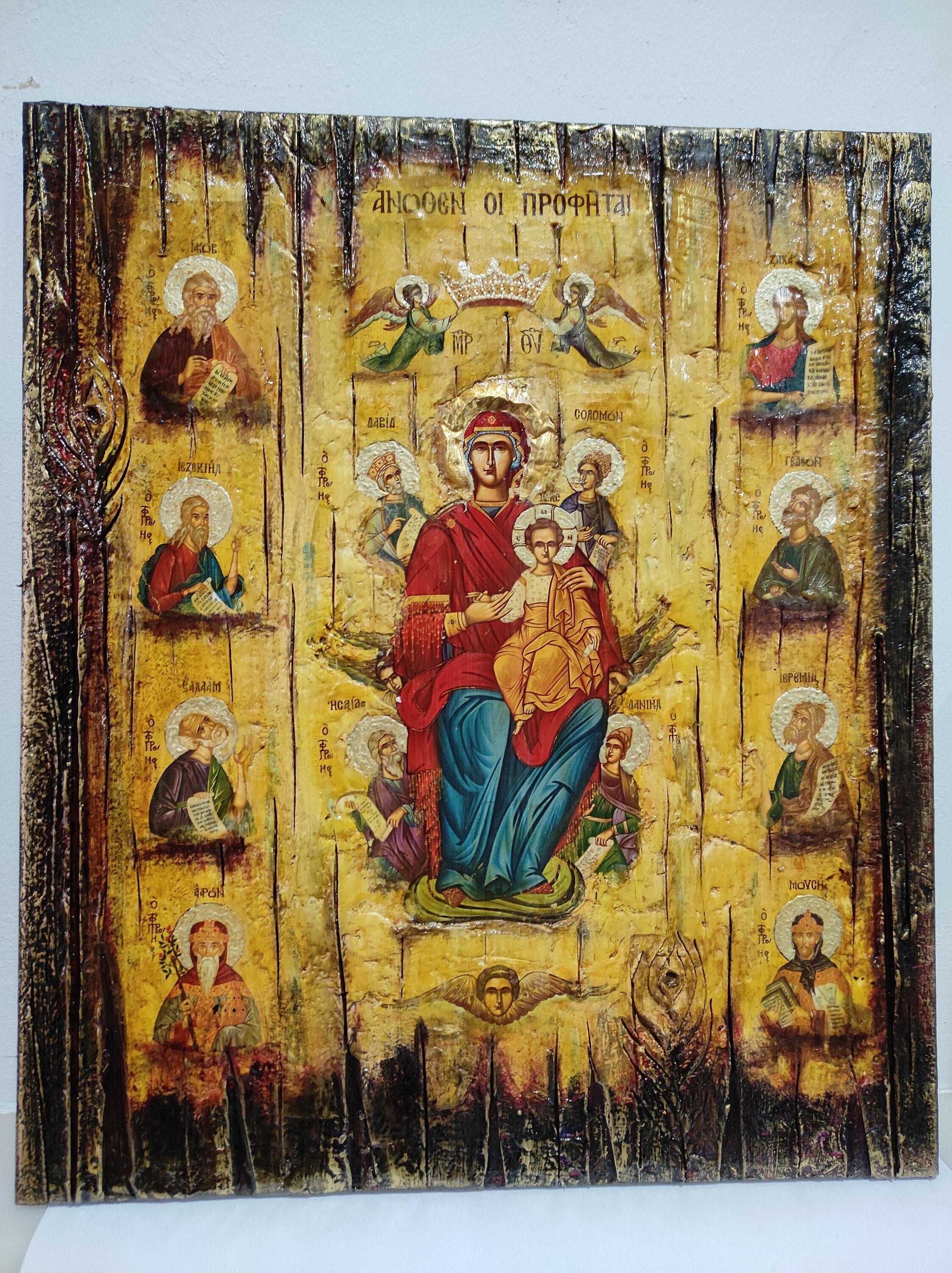 Virgin Mary and Child Enthroned, The Prophets Above - Orthodox Byzantine Greek Icons