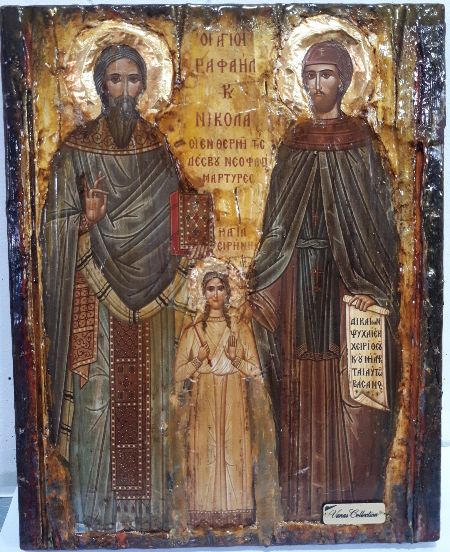 St. Raphael, St. Irene & St. Nicholas-Greek Orthodox Byzantine Handmade Icons - Vanas Collection
