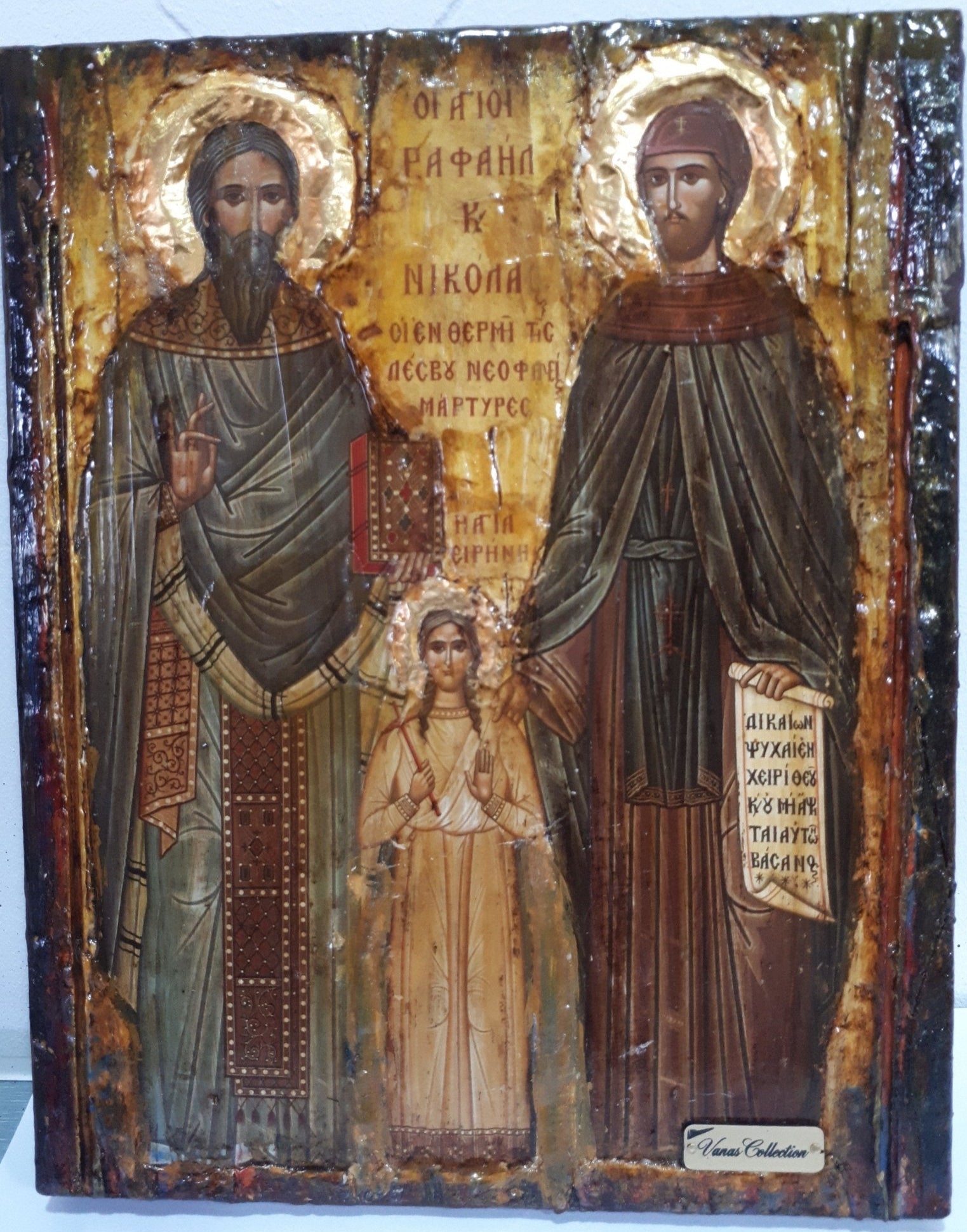 St. Raphael, St. Irene & St. Nicholas-Greek Orthodox Byzantine Handmade Icons - Vanas Collection