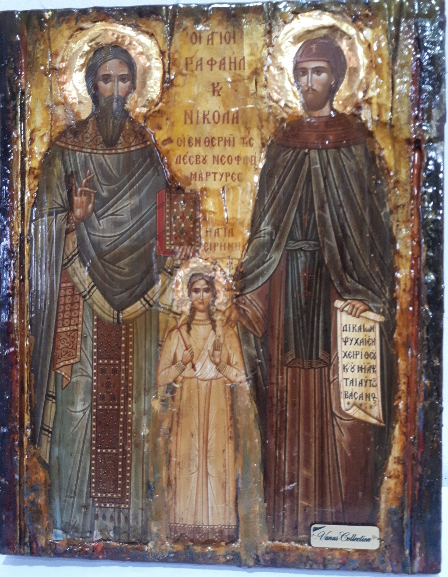St. Raphael, St. Irene & St. Nicholas-Greek Orthodox Byzantine Handmade Icons - Vanas Collection