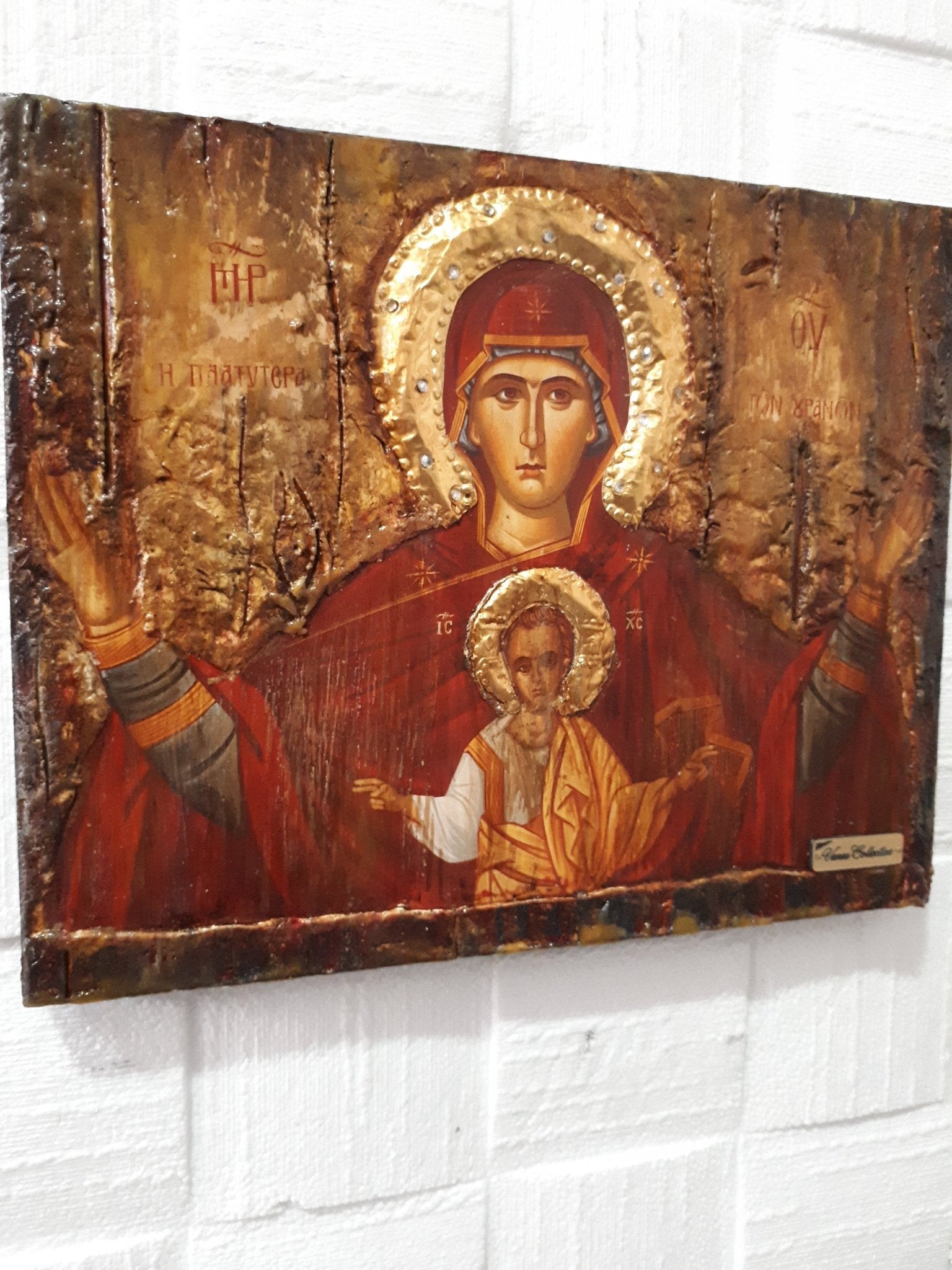 Virgin Mary PLATYTERA OURANON-Jesus Christianity Orthodox Greek Handmade Unique Icon - Vanas Collection