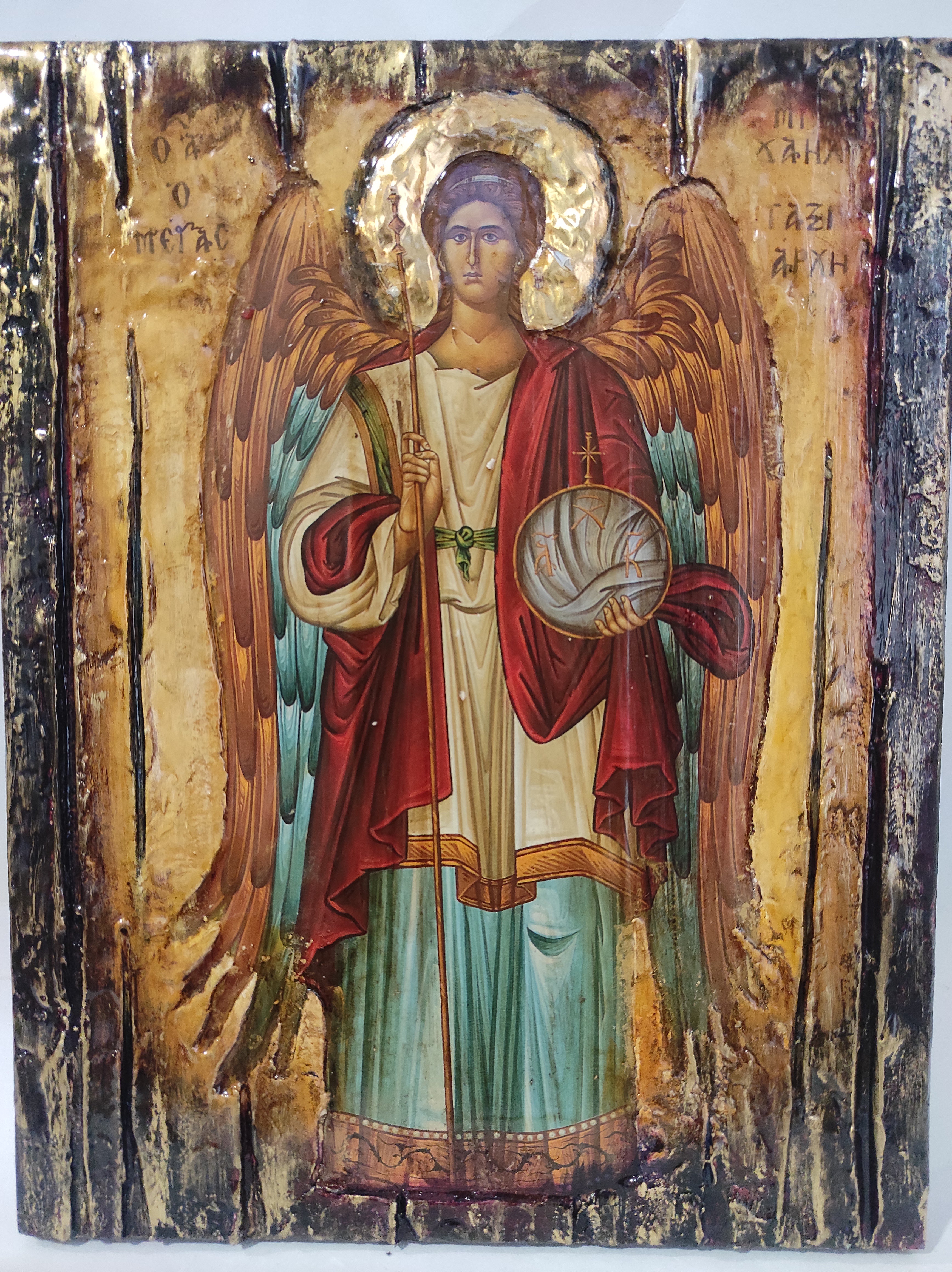 Archangel Michael Taxiarches Greek Christian Orthodox Byzantine Handmade Halo Icon