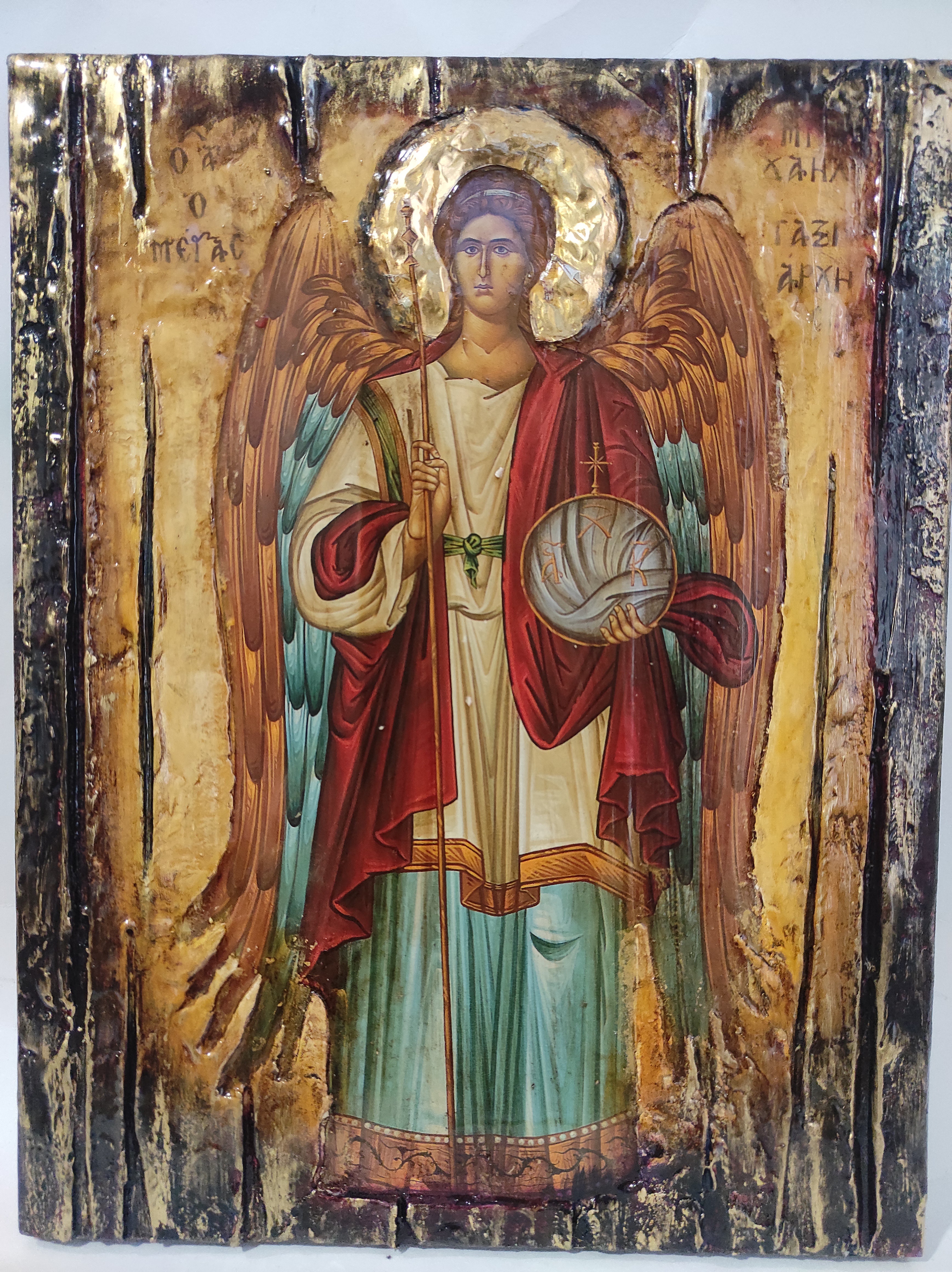 Archangel Michael Taxiarches Greek Christian Orthodox Byzantine Handmade Halo Icon
