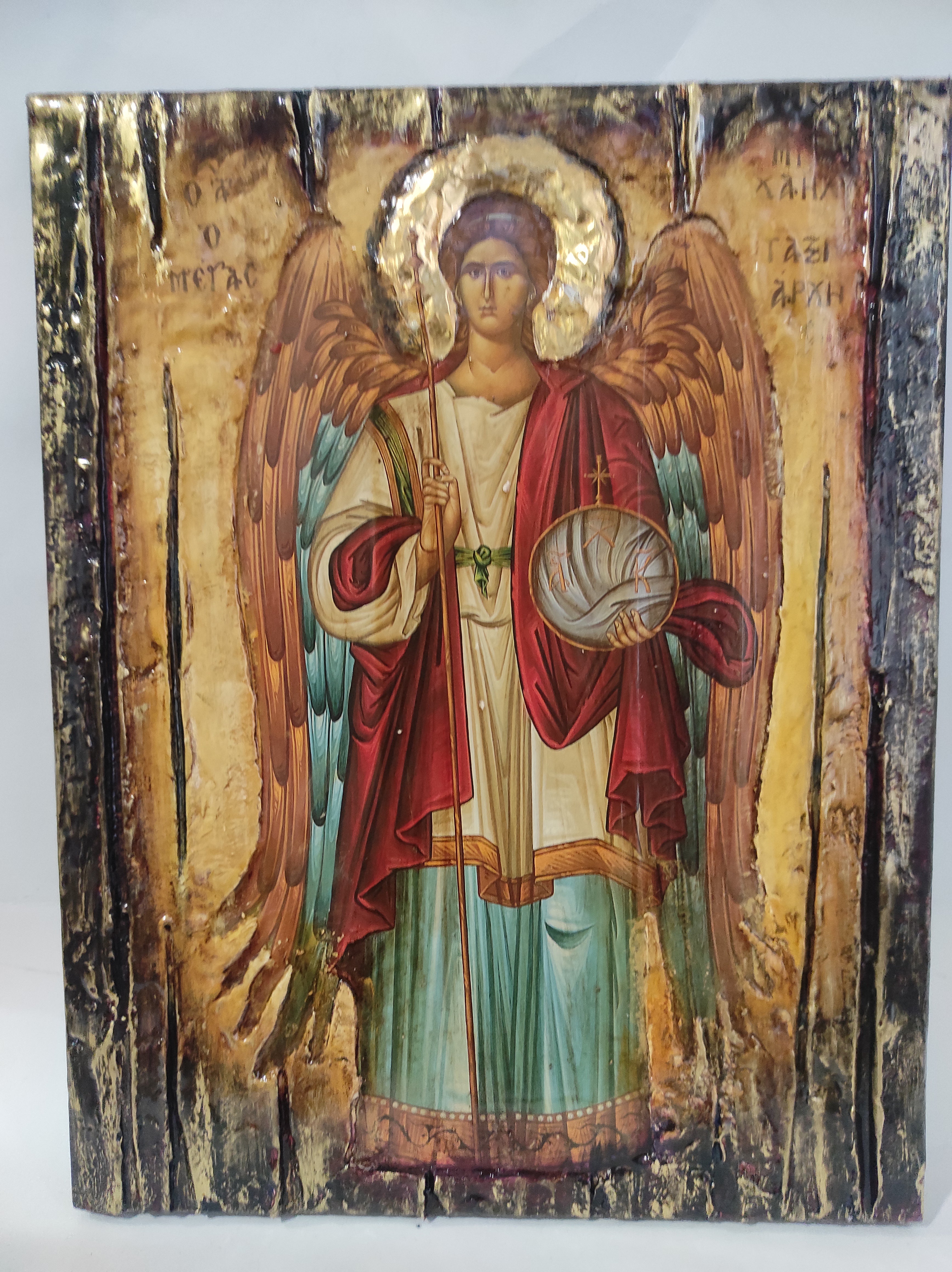 Archangel Michael Taxiarches Greek Christian Orthodox Byzantine Handmade Halo Icon