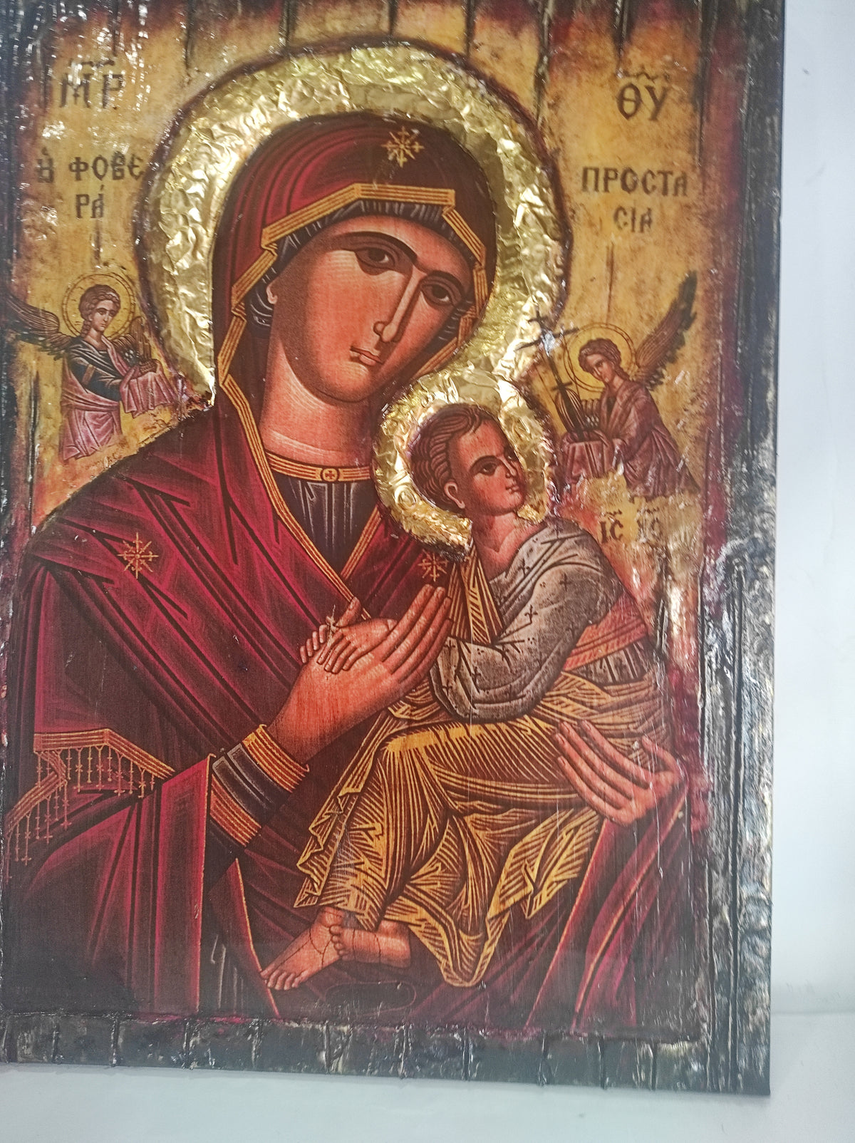 Orthodox Virgin Mary protection icon by VanasCollection, Greek Orthodox wooden art depicting Mother of God for spiritual protection.