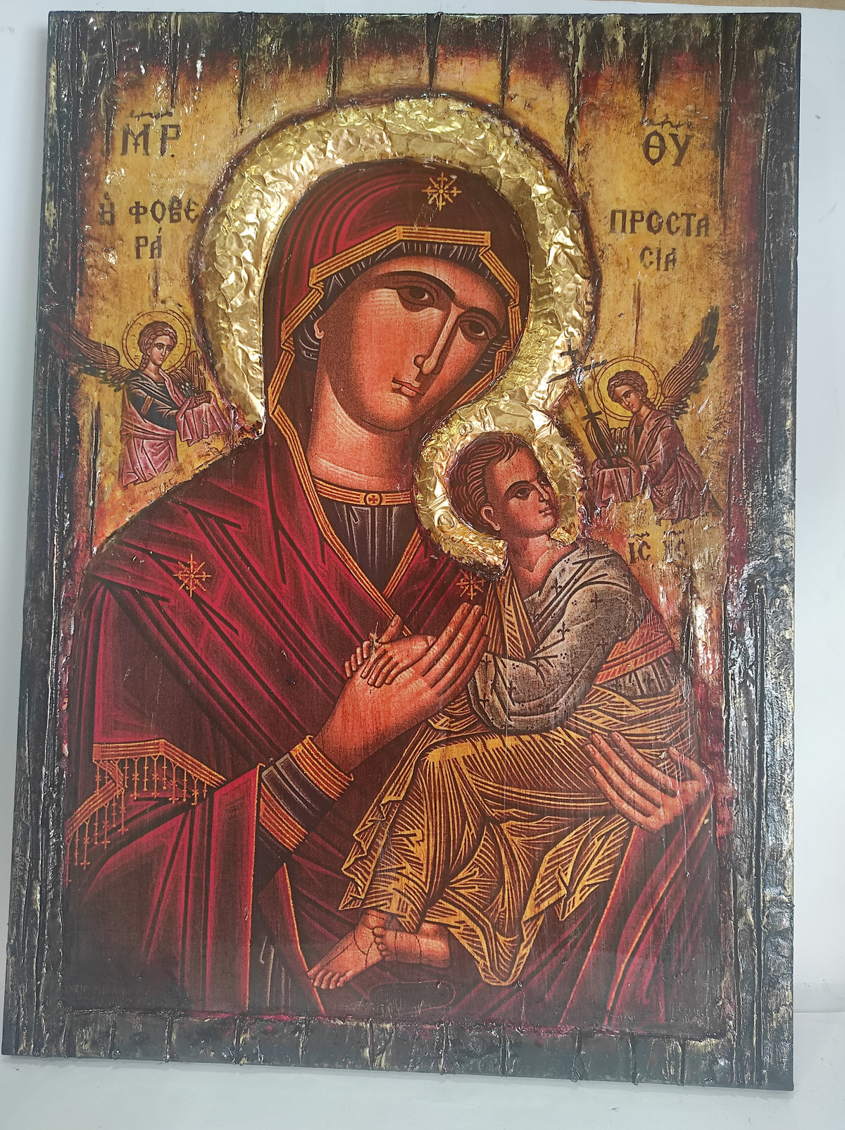 VanasCollection Orthodox Virgin Mary icon featuring Byzantine wooden art, Greek Orthodox Mother of God spiritual protection image.