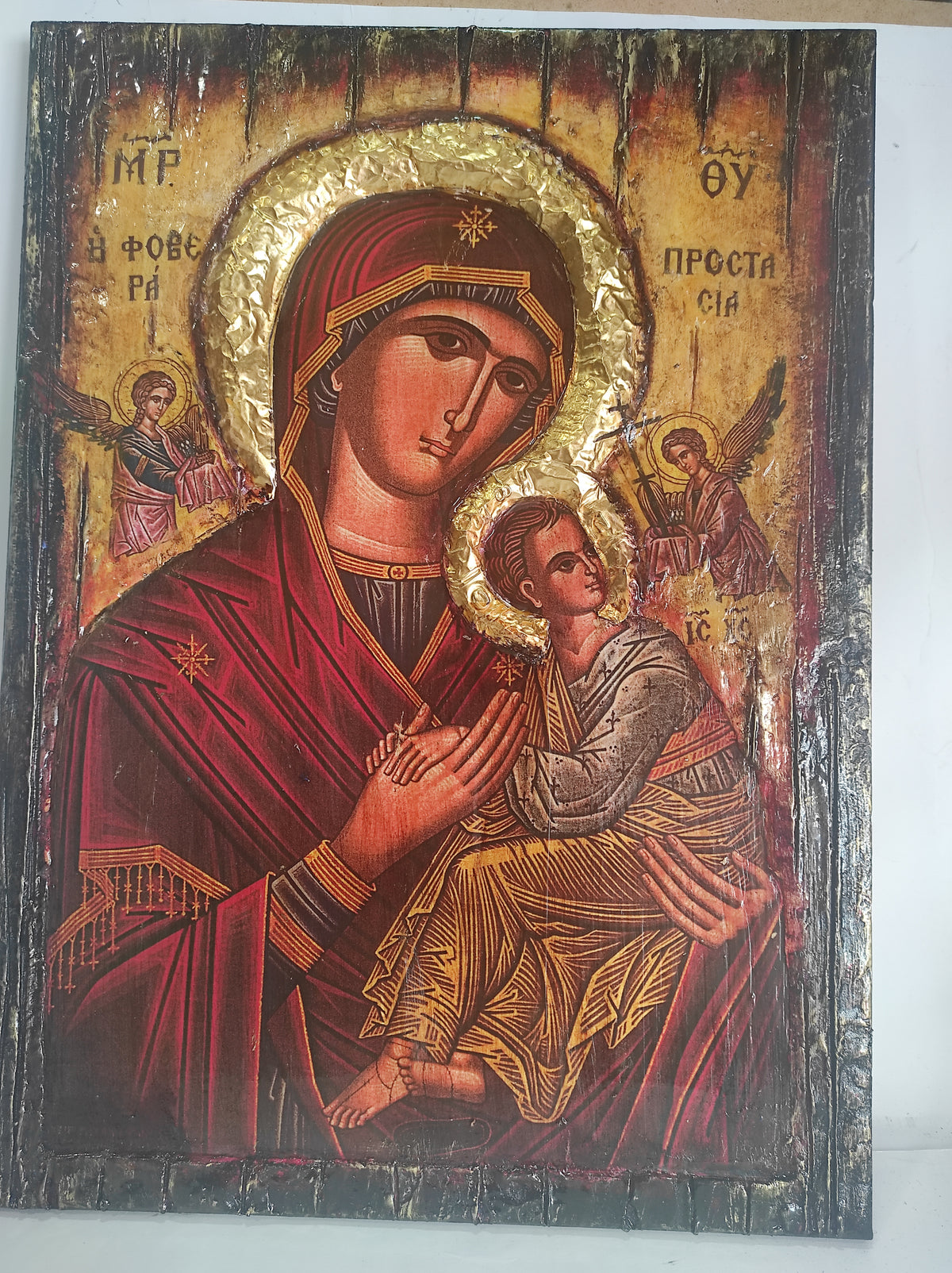 VanasCollection Orthodox Virgin Mary icon on wood, Byzantine style Christian spiritual art, Greek Orthodox Mother of God image