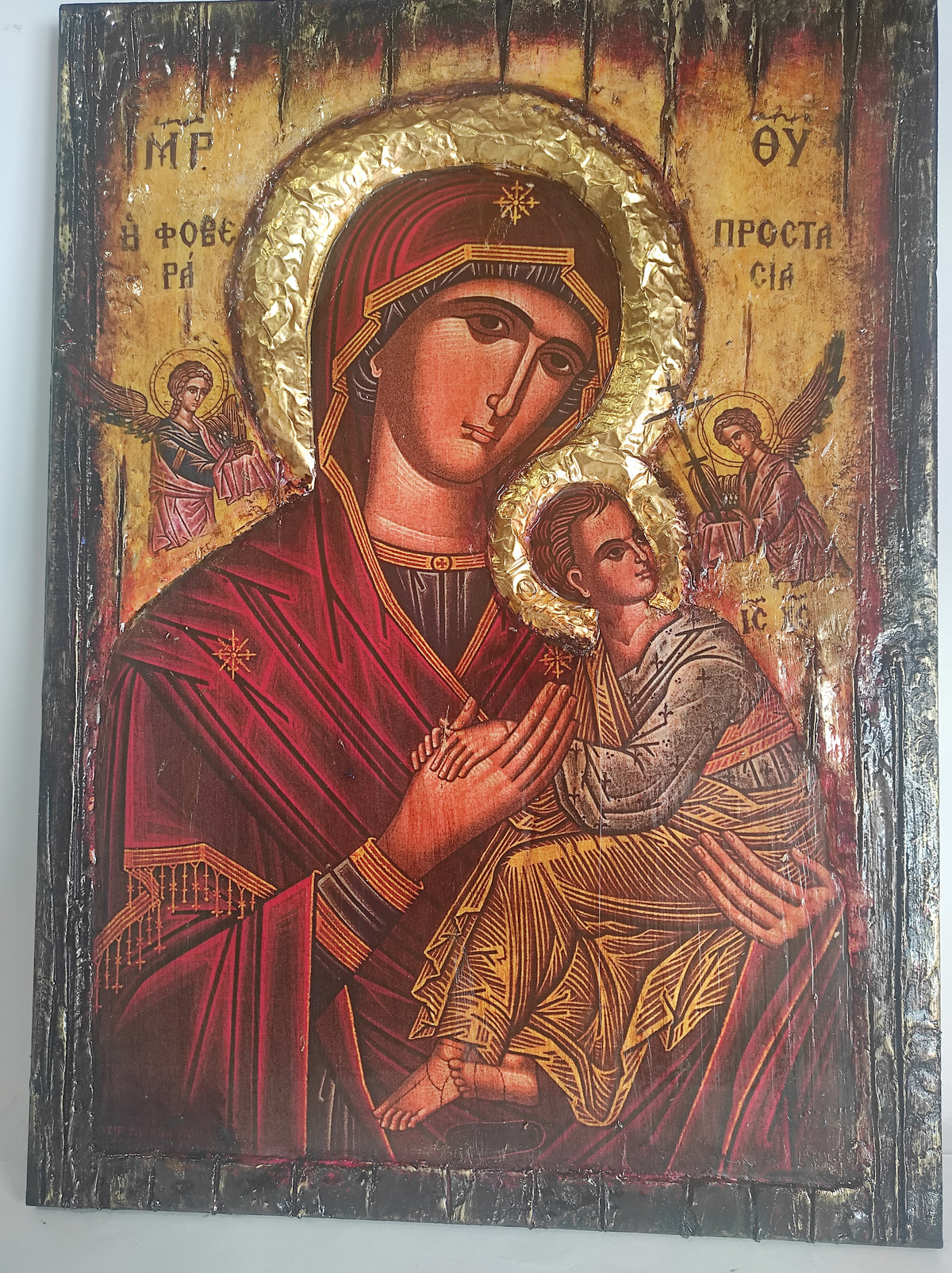 Viras Mary Orthodox icon by VanasCollection showing a wooden Byzantine icon of the Greek Orthodox Mother of God with intricate gold accents.