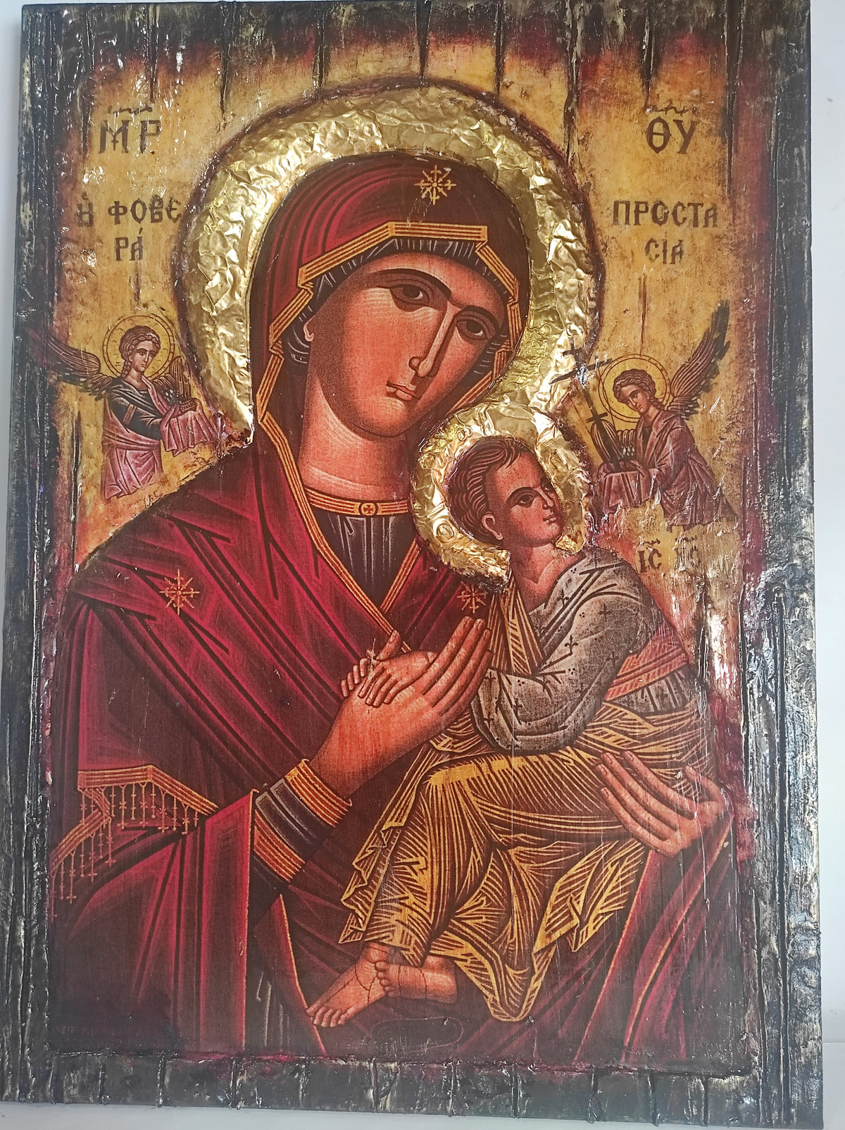 Venerable Virgin Mary Orthodox icon by VanasCollection, wooden Byzantine Christian art depicting the Mother of God for spiritual protection.