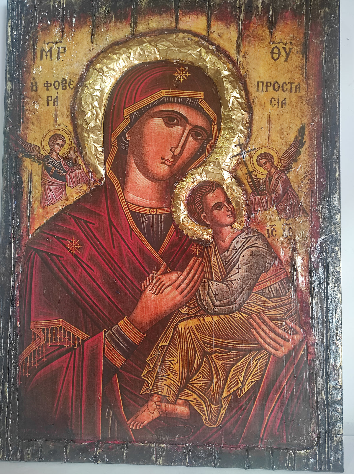 Venerable Virgin Mary Orthodox Icon by VanasCollection, Byzantine style wooden Christian art depicting the Mother of God.