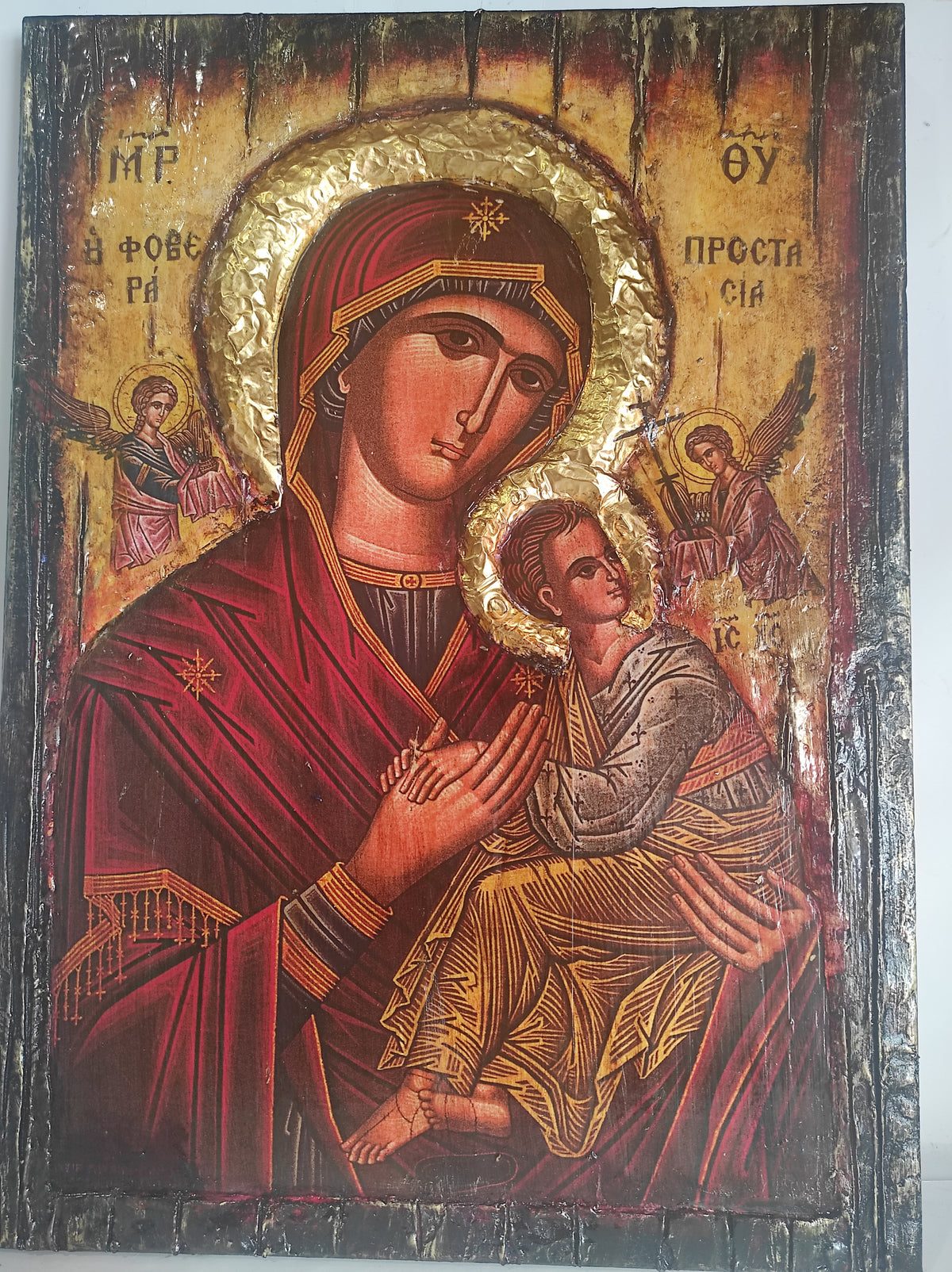 Viras Collection Orthodox Virgin Mary protection icon on wood, Greek Orthodox Mother of God Christian spiritual art.
