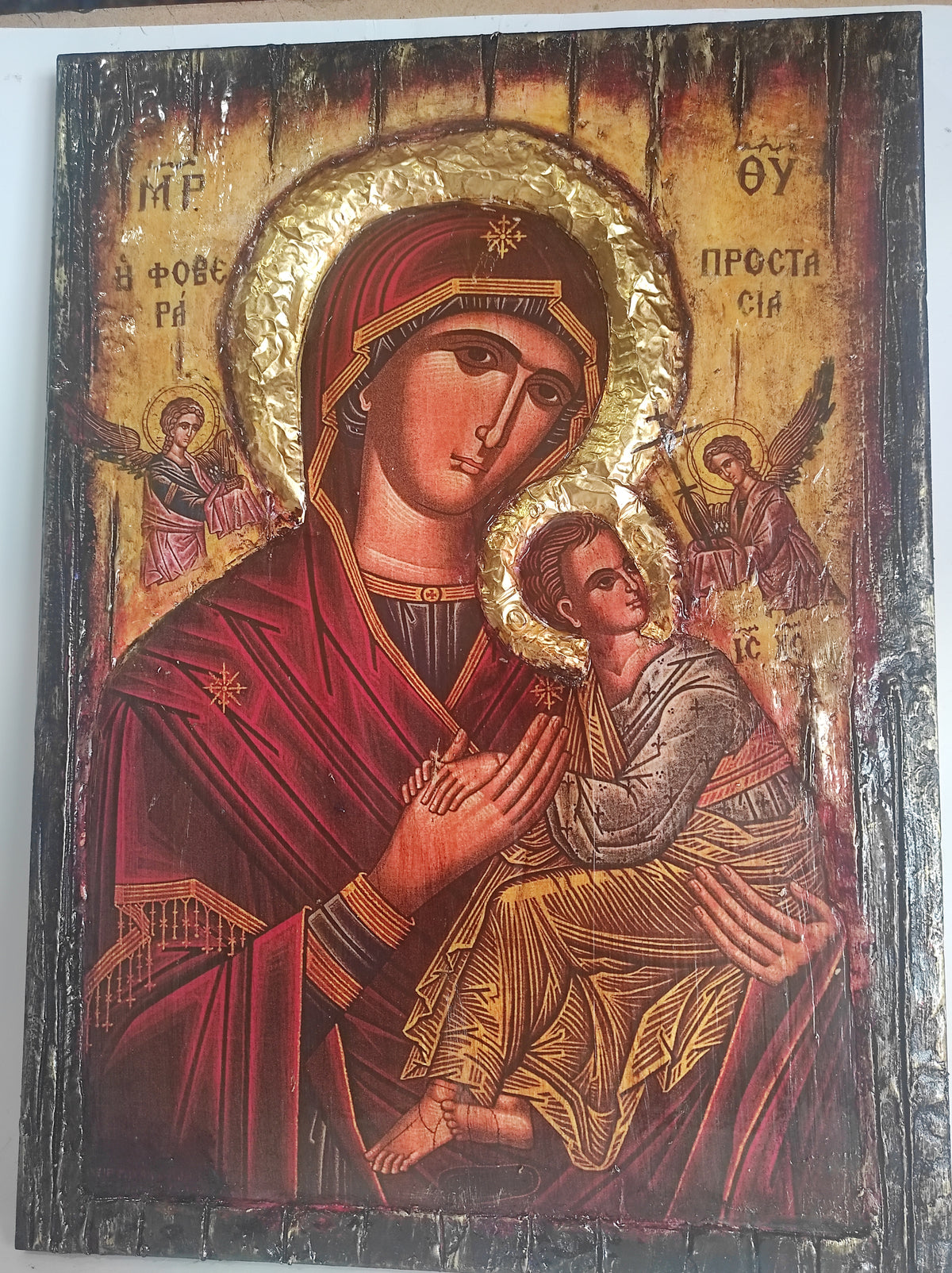 Viras Collection Orthodox Virgin Mary Protection Icon on wood, Greek Byzantine Christian art depicting Mother of God for spiritual protection
