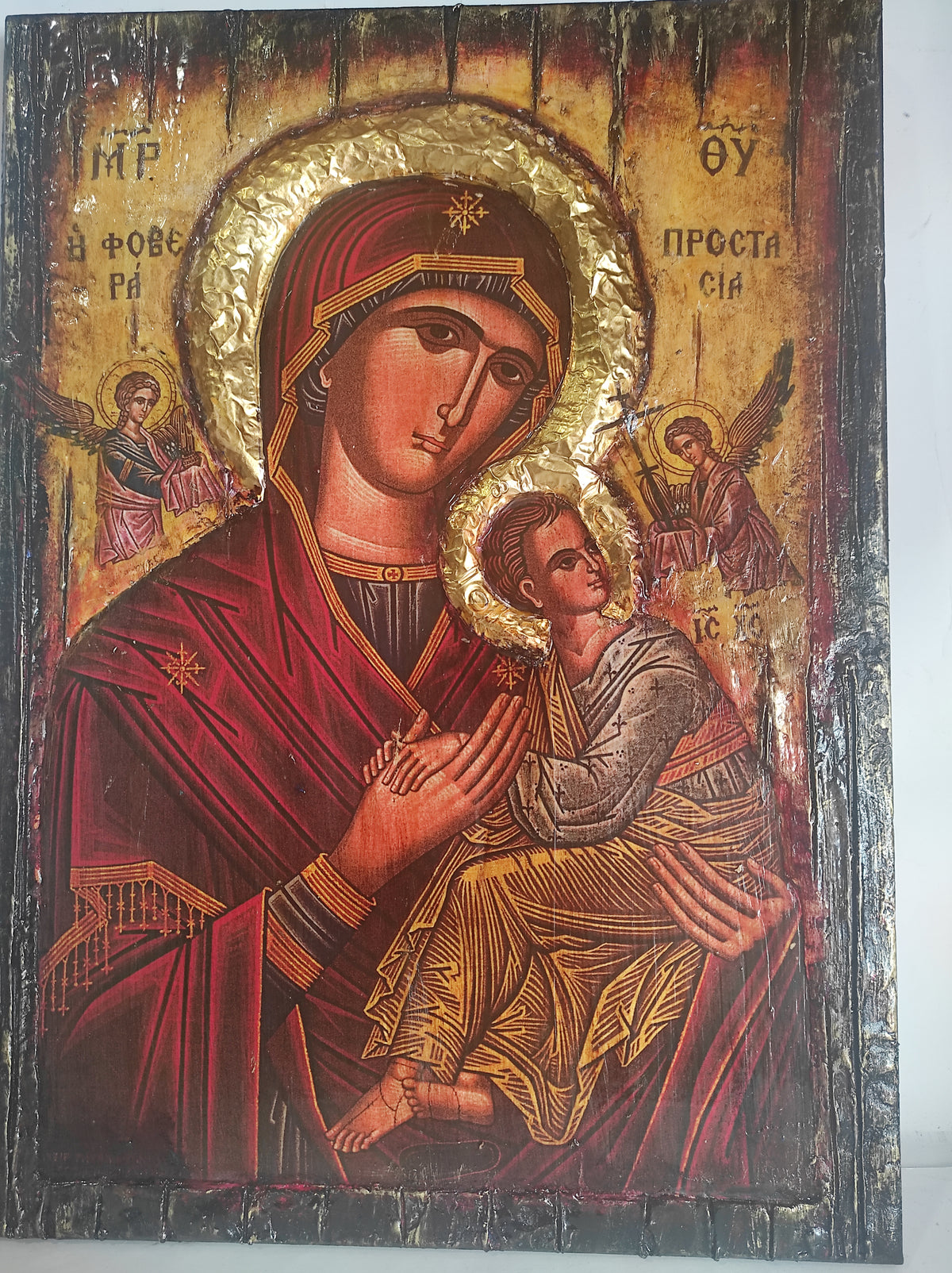 VernesCollection Orthodox Virgin Mary protection icon on wood, Greek Byzantine Christian art depicting the Mother of God.